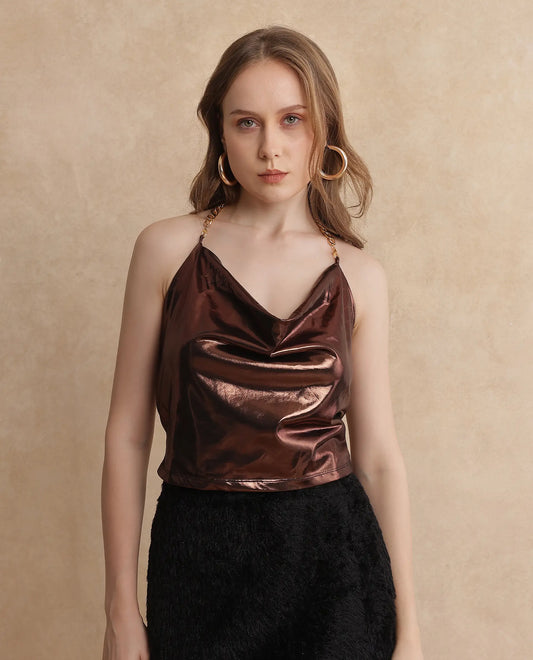 Rareism Women Manda Metallic Brown Polyester Fabric Sleeveless Cowl Neck Fitted Cropped Plain Top