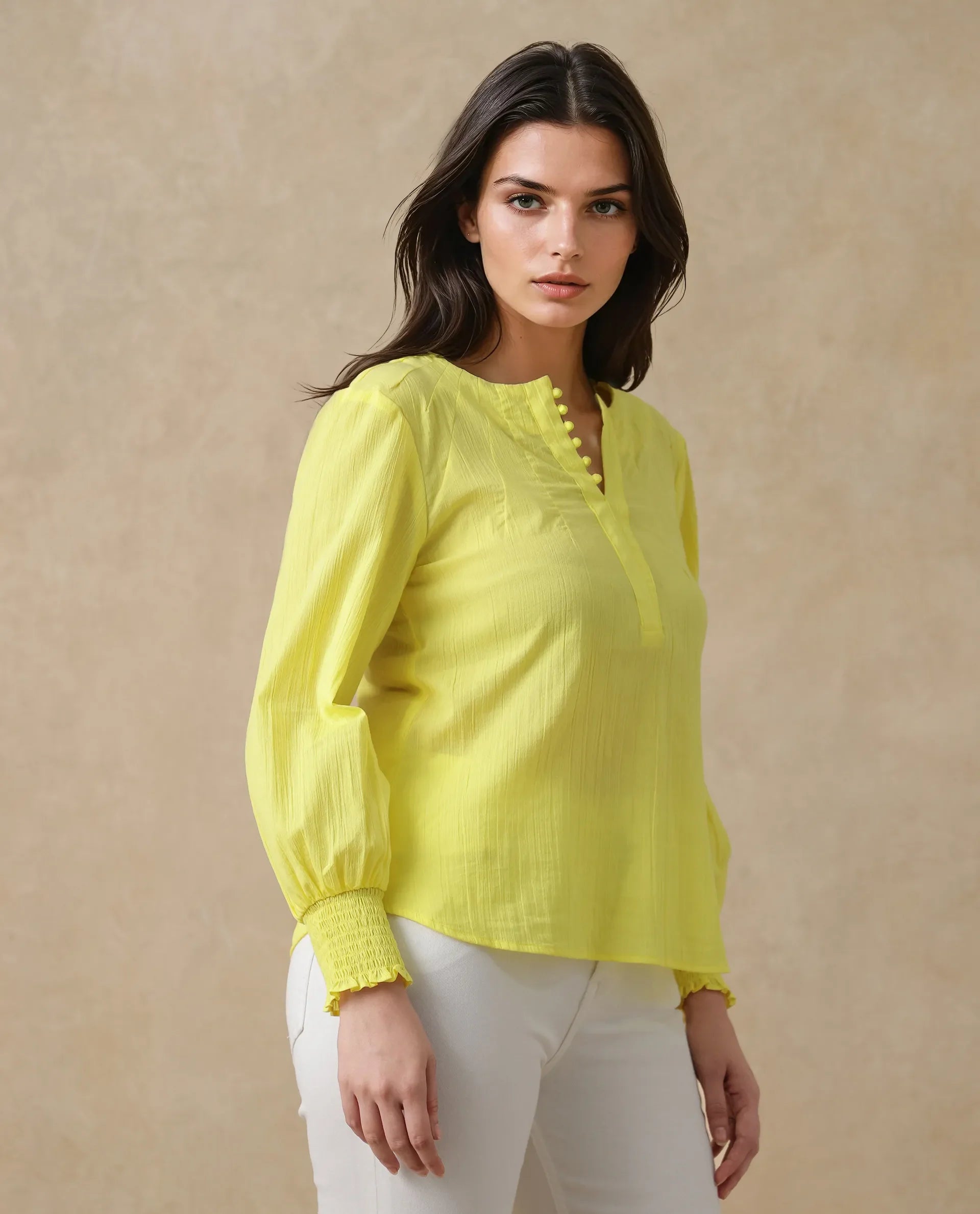 Rareism Women Mante Yellow Bishop Sleeve Round Neck Plain Top