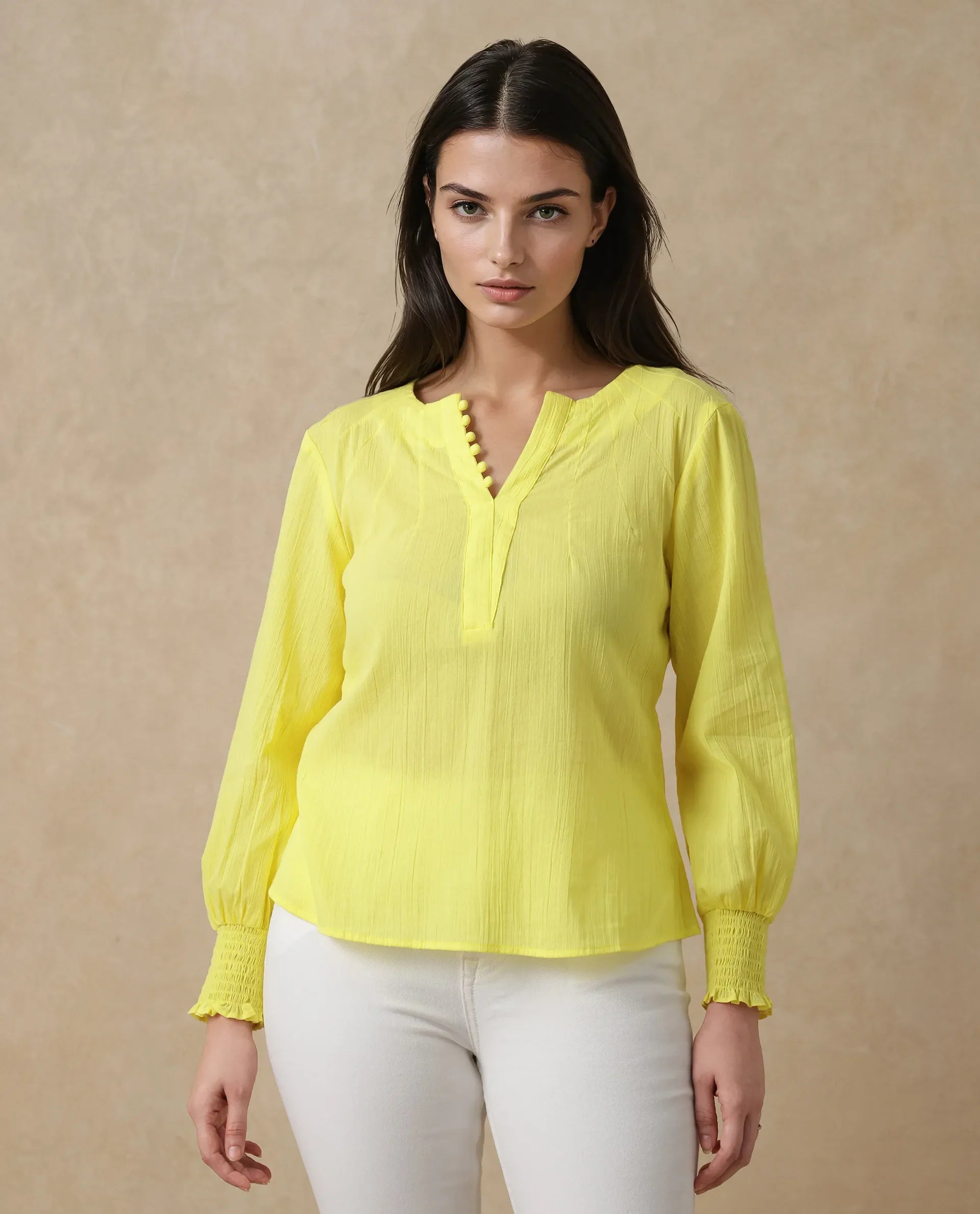 Rareism Women Mante Yellow Bishop Sleeve Round Neck Plain Top