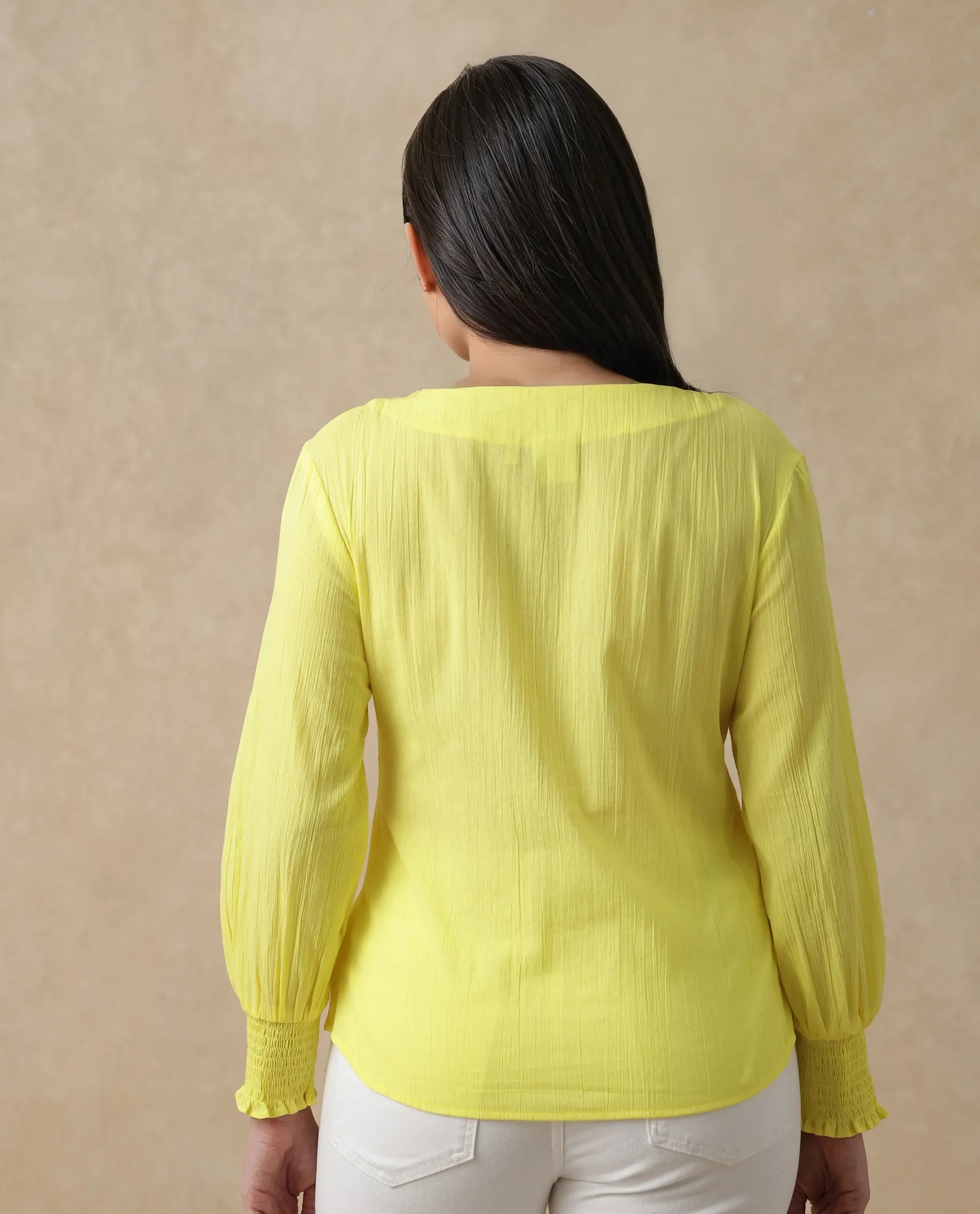 Rareism Women Mante Yellow Bishop Sleeve Round Neck Plain Top