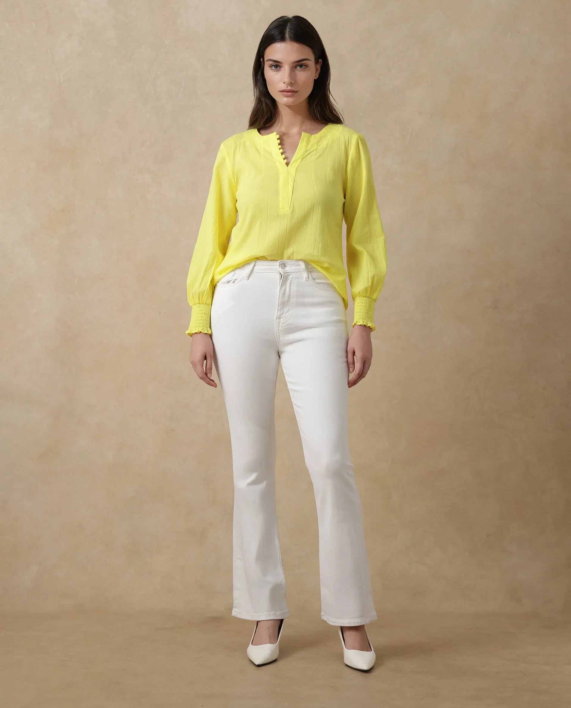 Rareism Women Mante Yellow Bishop Sleeve Round Neck Plain Top