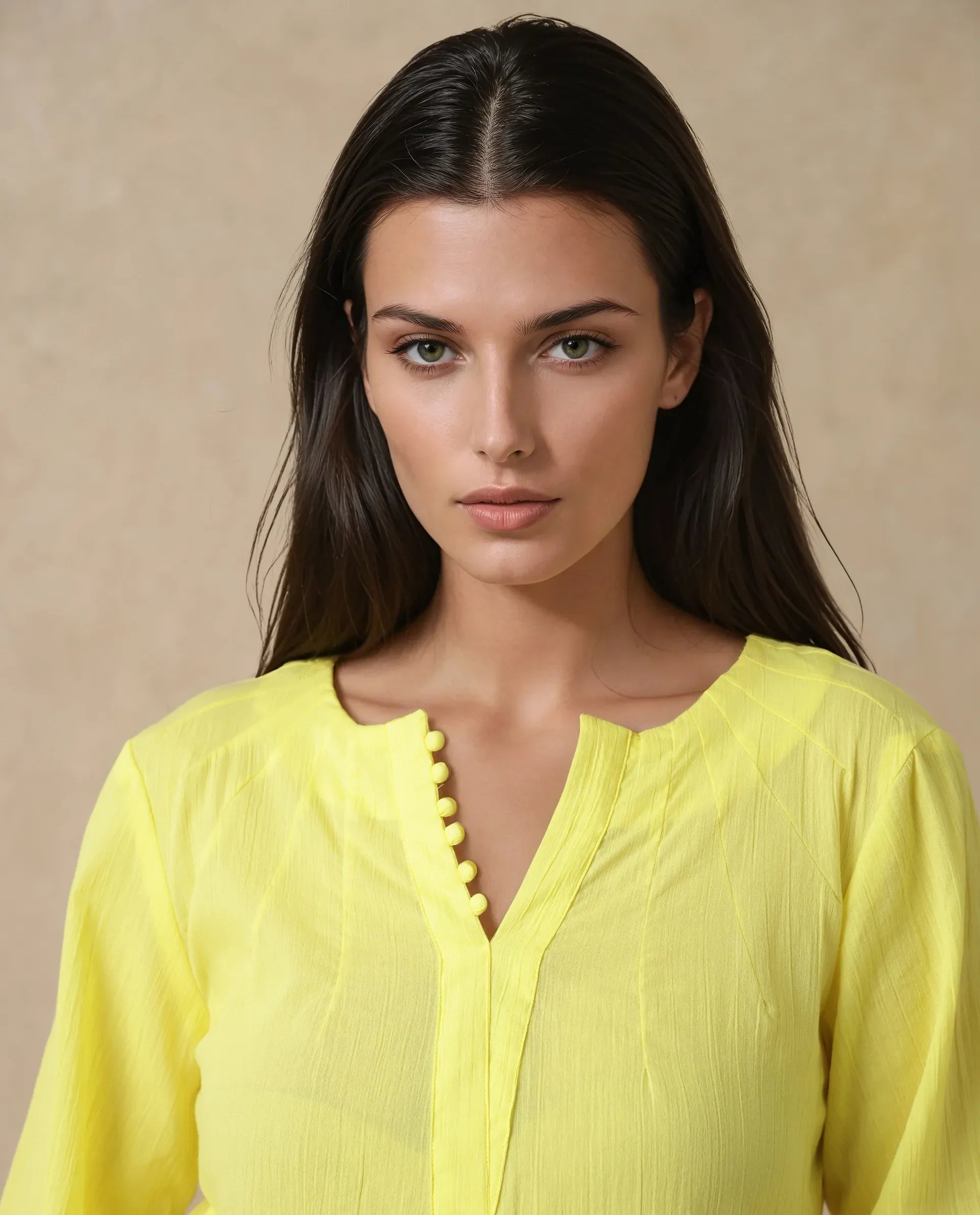 Rareism Women Mante Yellow Bishop Sleeve Round Neck Plain Top