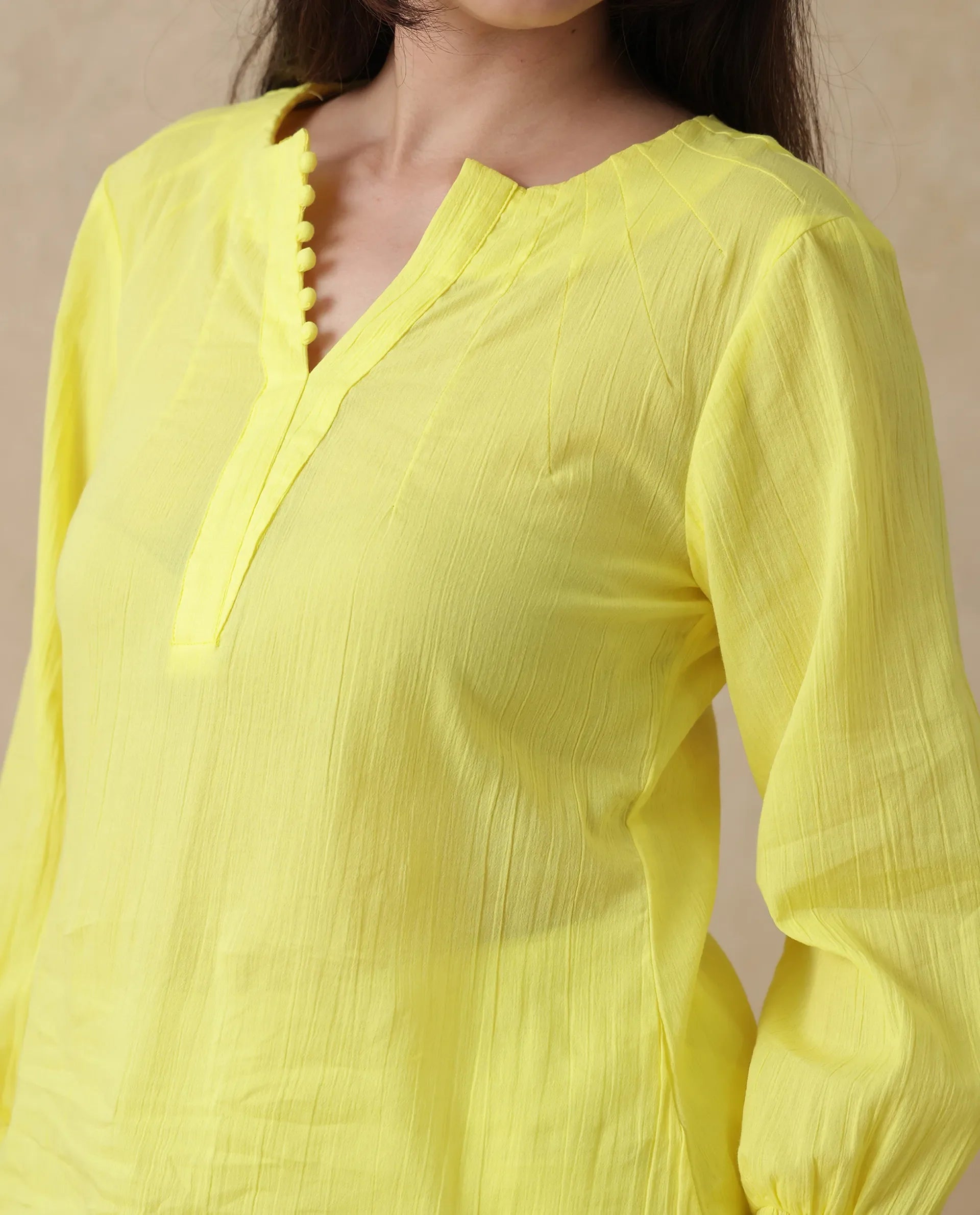 Rareism Women Mante Yellow Bishop Sleeve Round Neck Plain Top