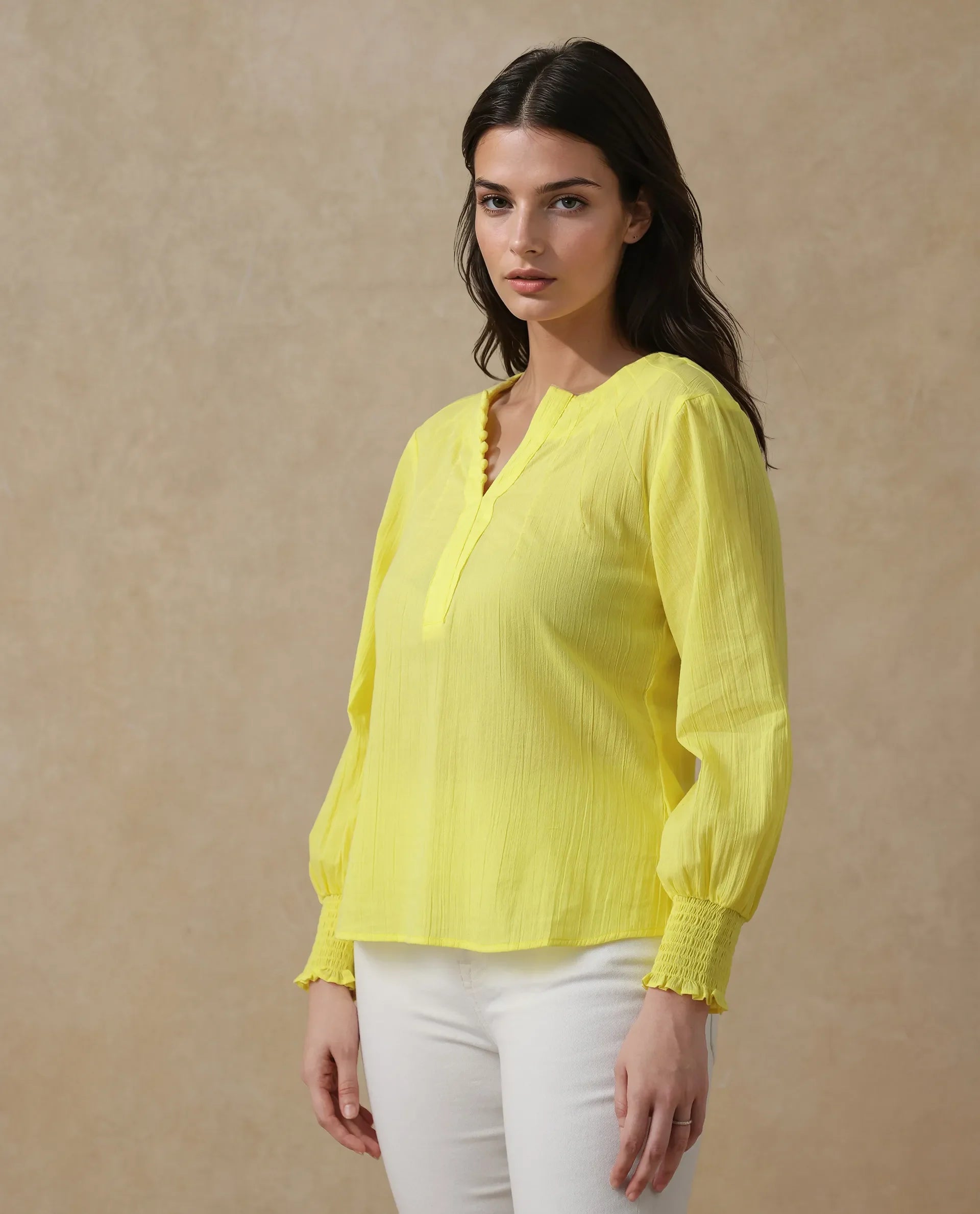 Rareism Women Mante Yellow Bishop Sleeve Round Neck Plain Top