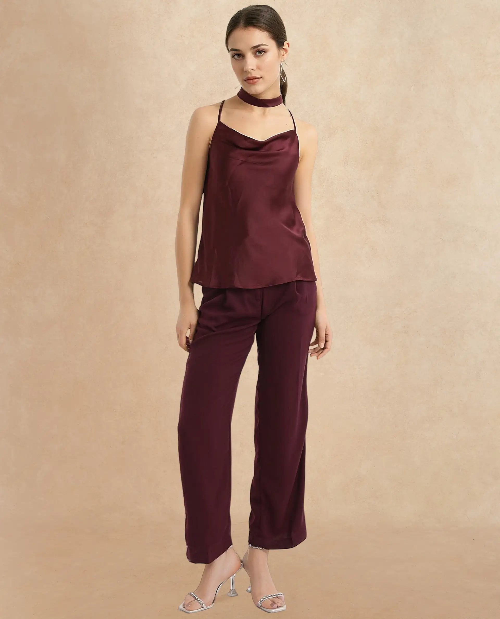 Rareism Women Marano Maroon Shoulder Straps Cowl Neck  Plain Top