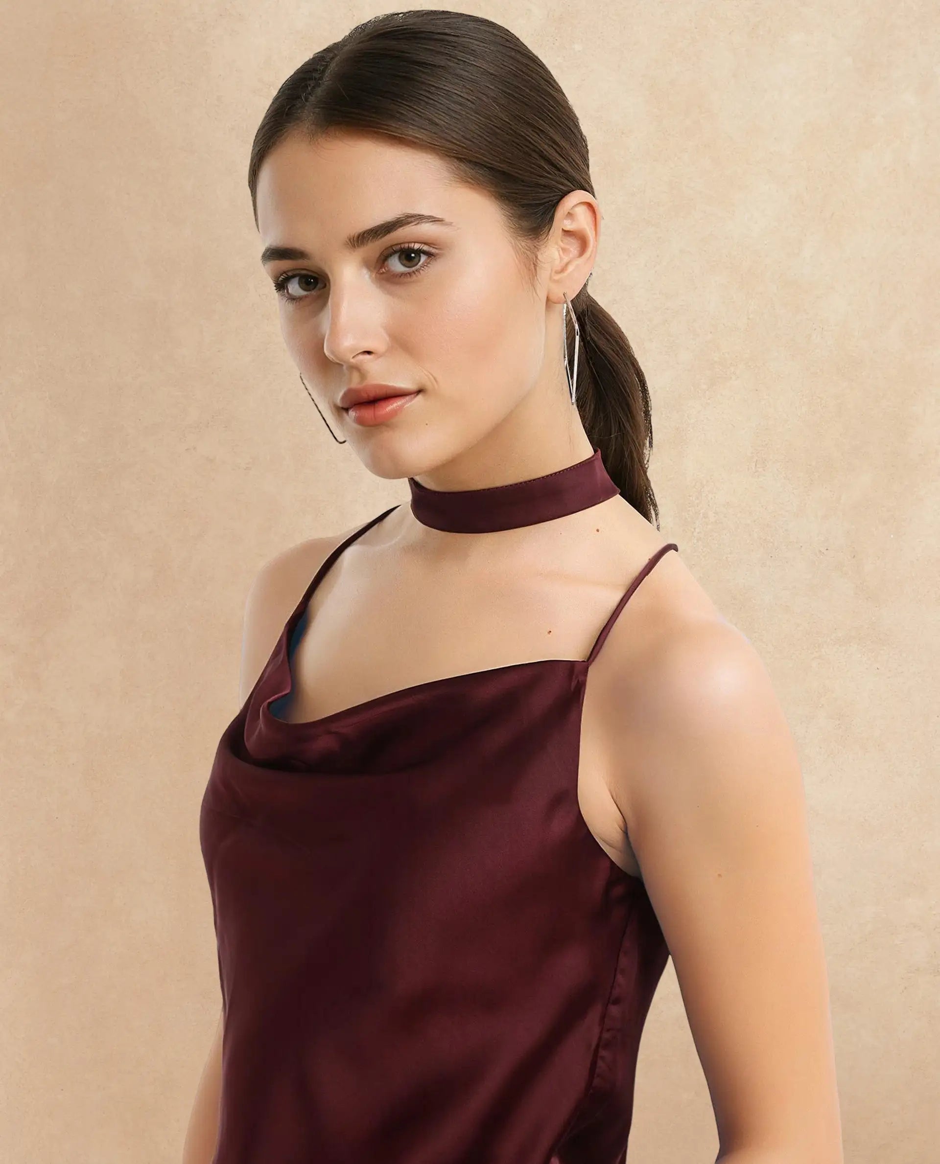 Rareism Women Marano Maroon Shoulder Straps Cowl Neck  Plain Top