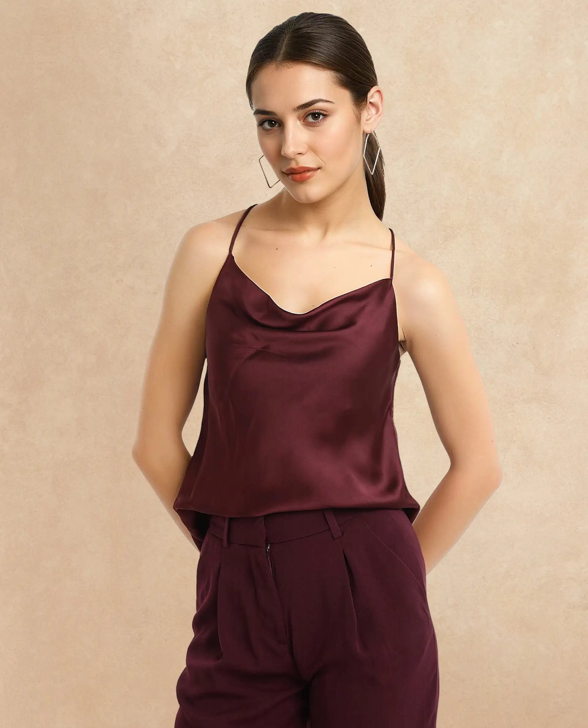 Rareism Women Marano Maroon Shoulder Straps Cowl Neck  Plain Top