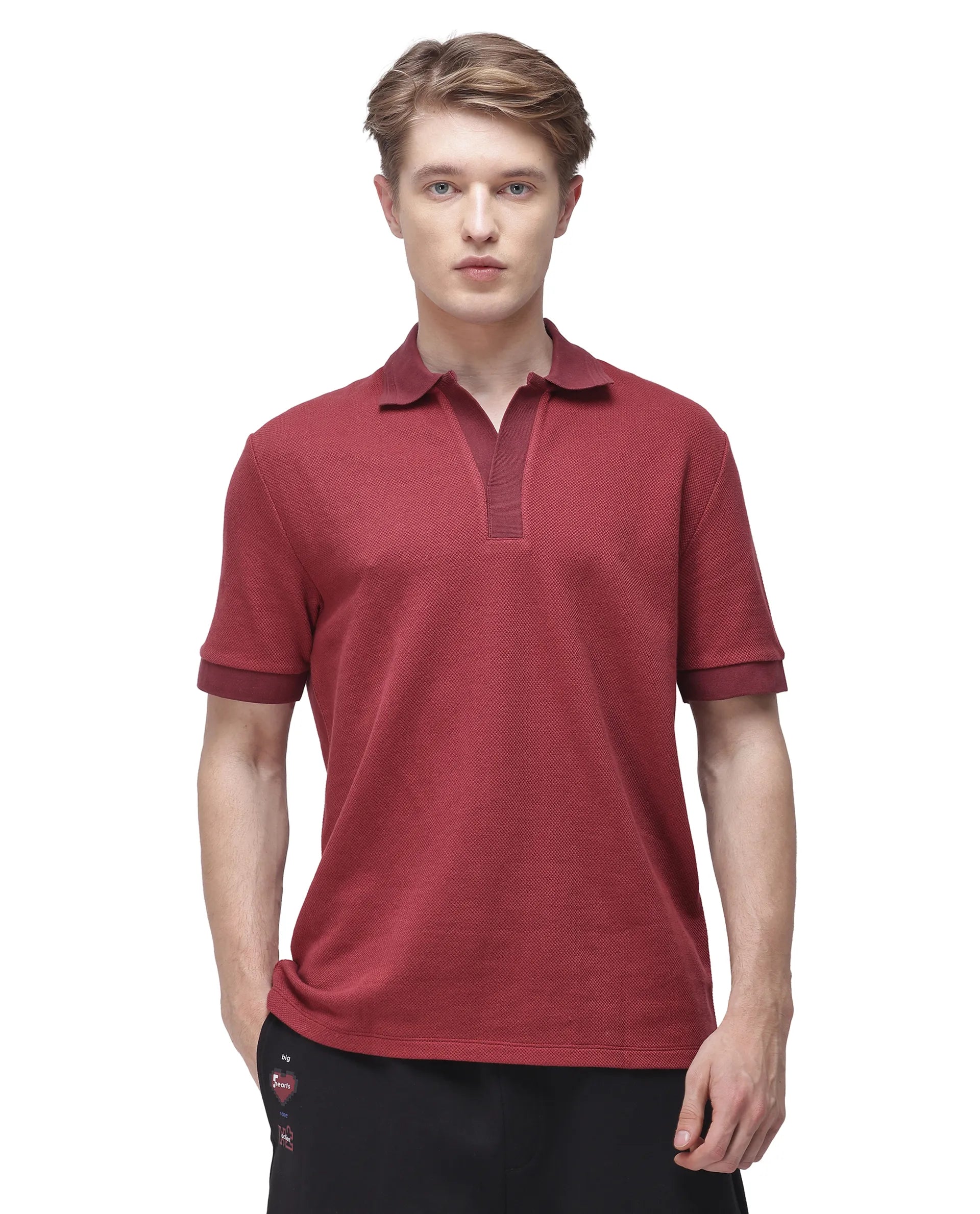 Rare Rabbit Men Marcelon Red Cotton Poly Fabric Short Sleeve Johnny Collared Jacquard Polo