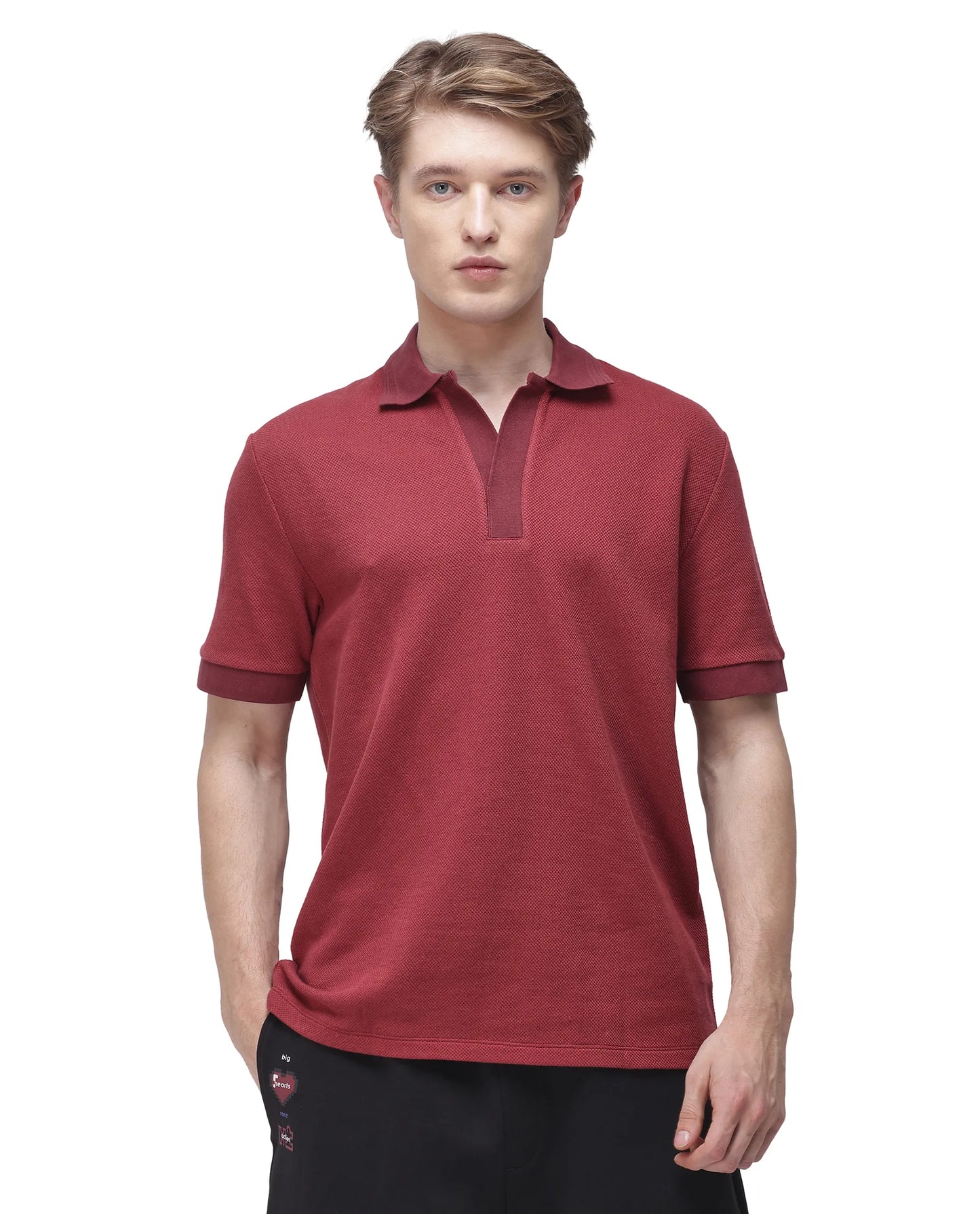 Rare Rabbit Men Marcelon Red Cotton Poly Fabric Short Sleeve Johnny Collared Jacquard Polo