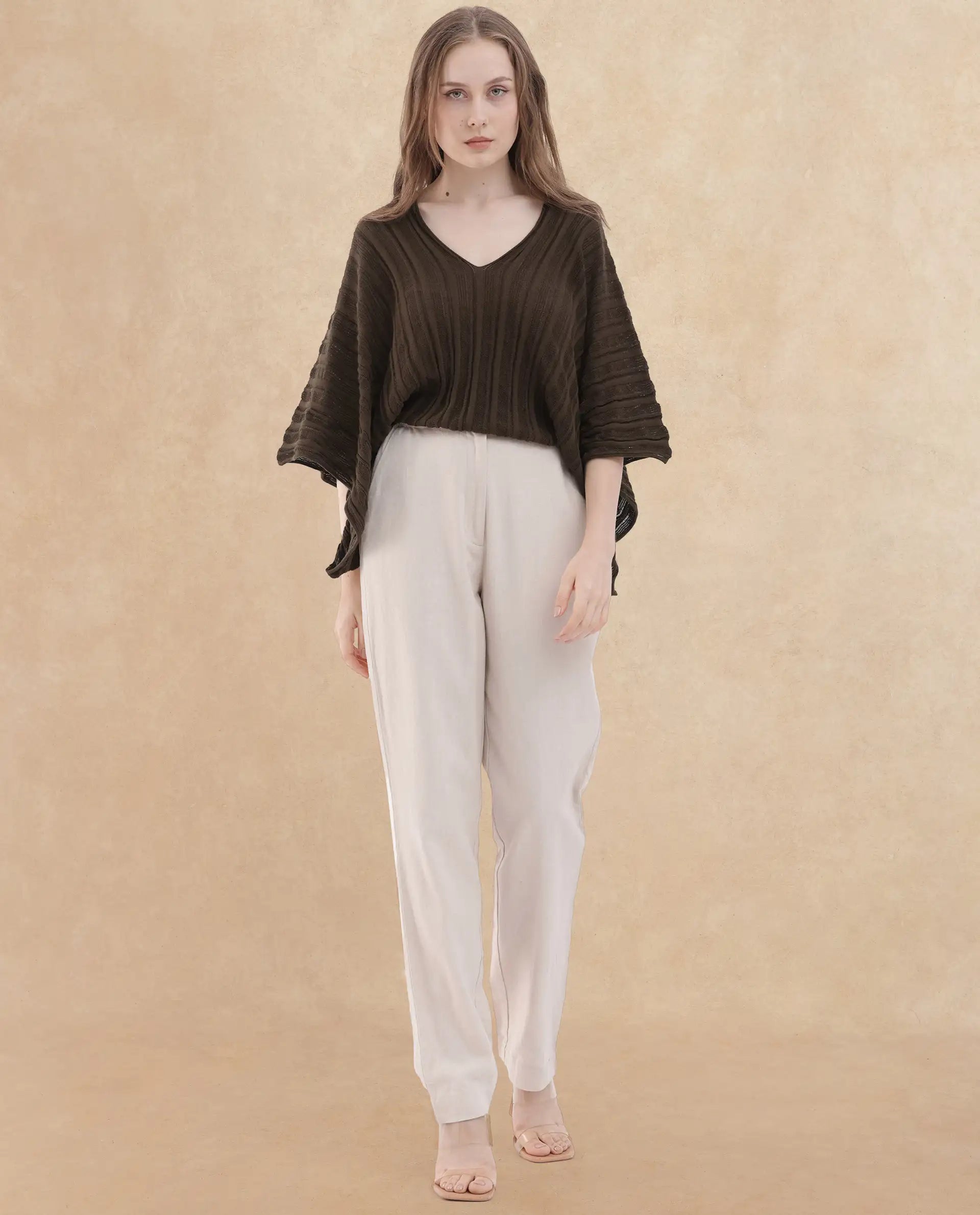 Rareism Womens Marida Brown Top U-Neck Solid