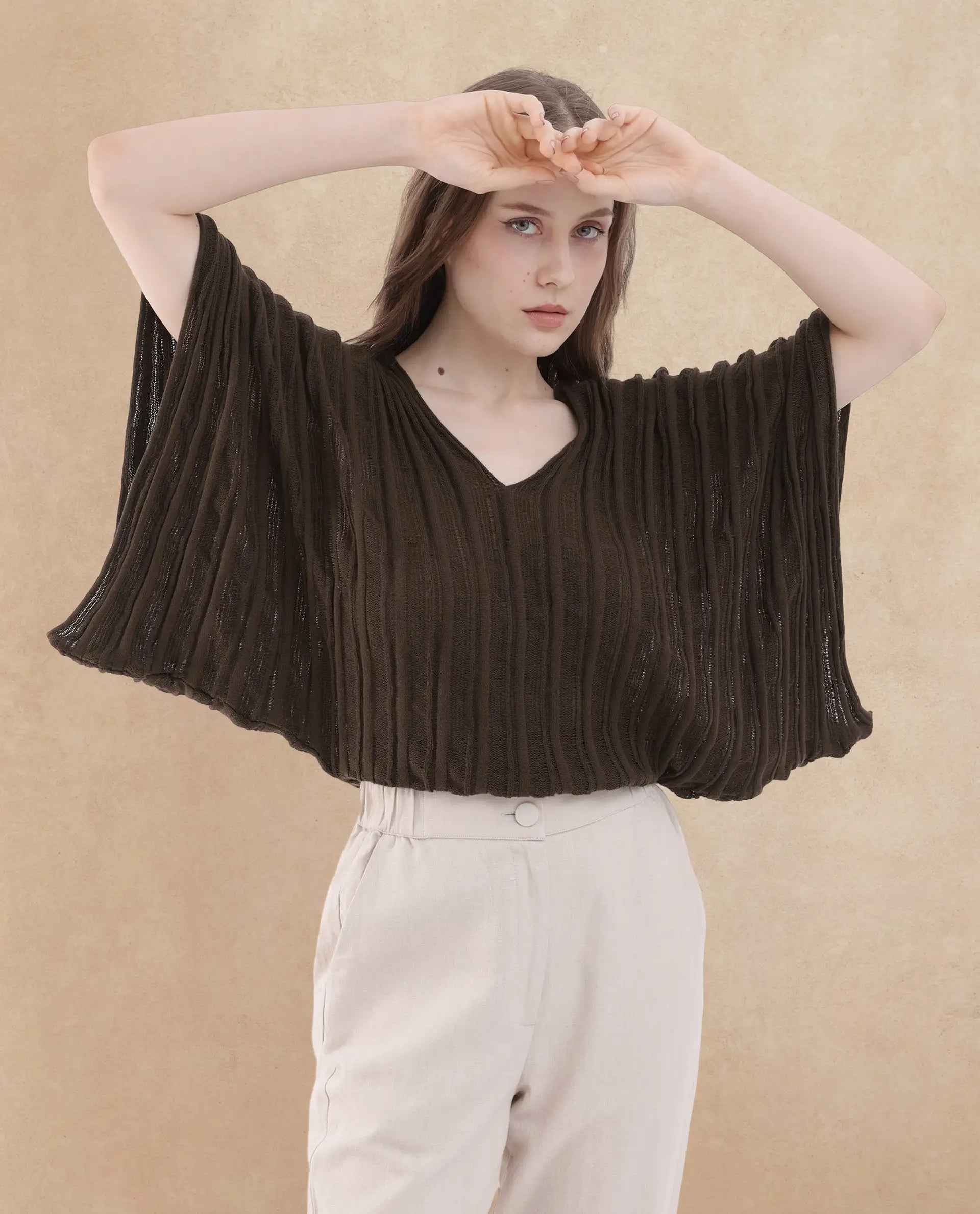 Rareism Womens Marida Brown Top U-Neck Solid