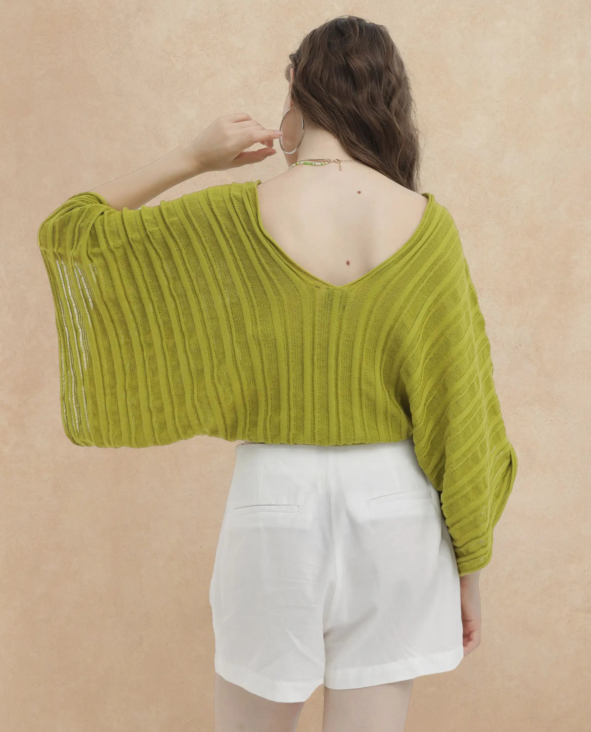 Rareism Women Marida Olive Cotton Fabric Short Sleeves V-Neck Extended Sleeve Relaxed Fit Plain Top