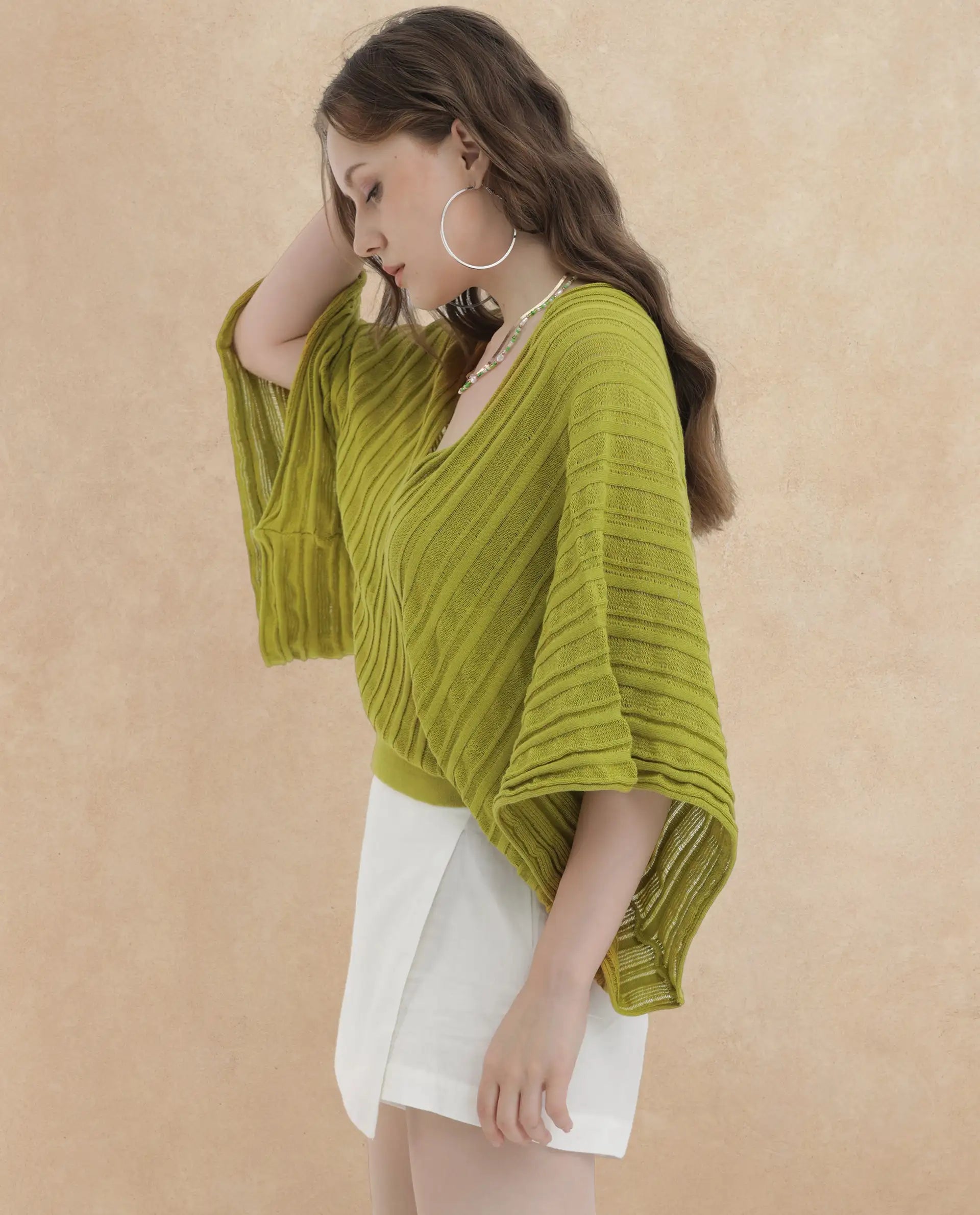 Rareism Women Marida Olive Cotton Fabric Short Sleeves V-Neck Extended Sleeve Relaxed Fit Plain Top