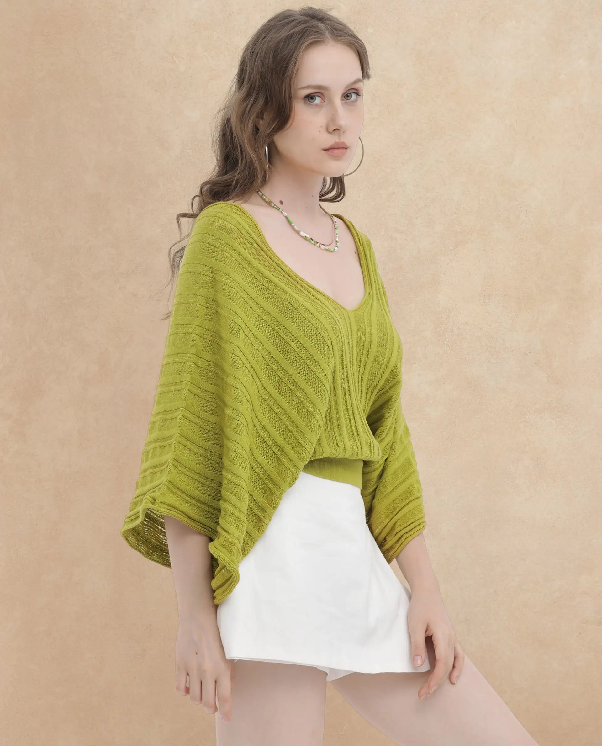 Rareism Women Marida Olive Cotton Fabric Short Sleeves V-Neck Extended Sleeve Relaxed Fit Plain Top