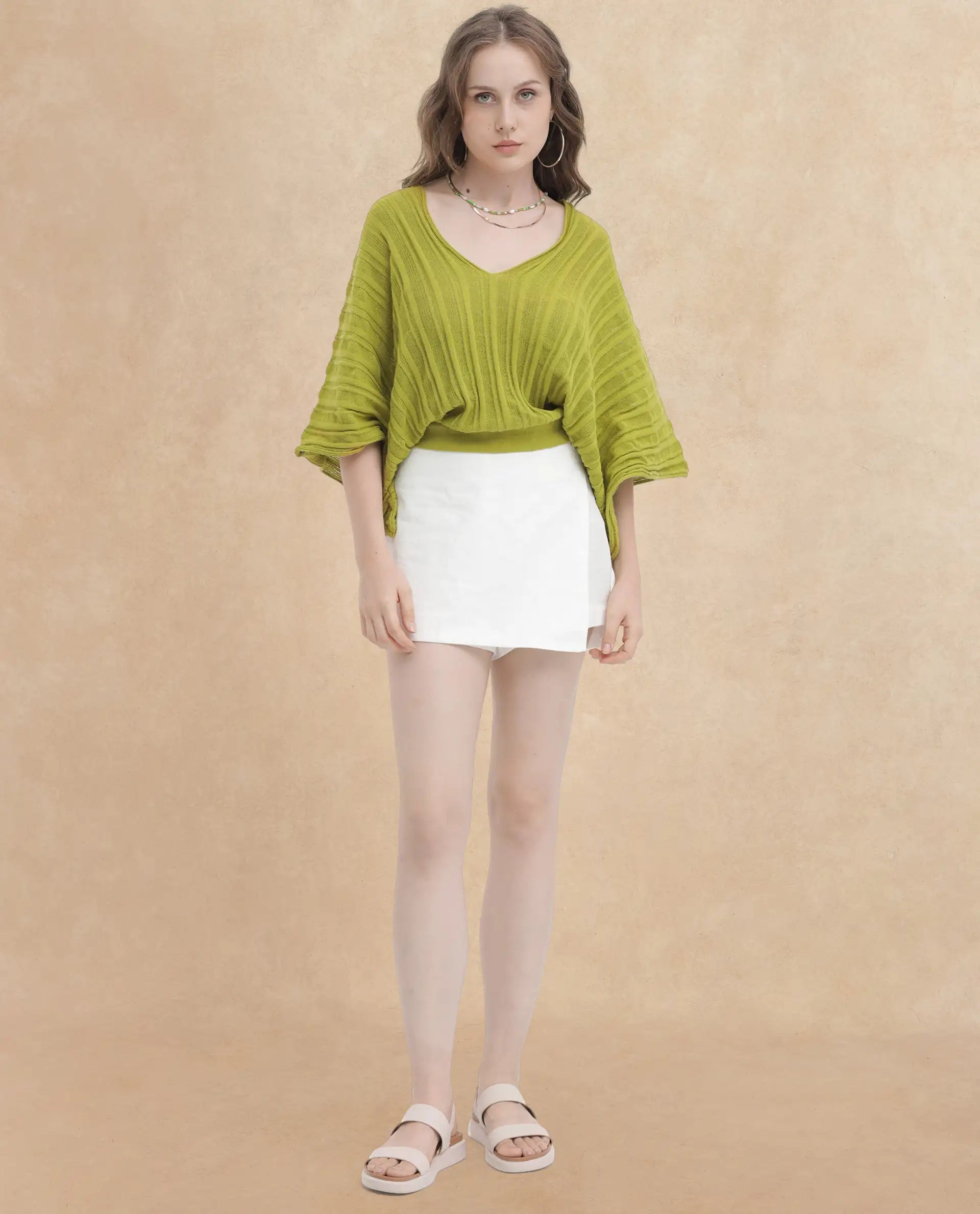 Rareism Women Marida Olive Cotton Fabric Short Sleeves V-Neck Extended Sleeve Relaxed Fit Plain Top