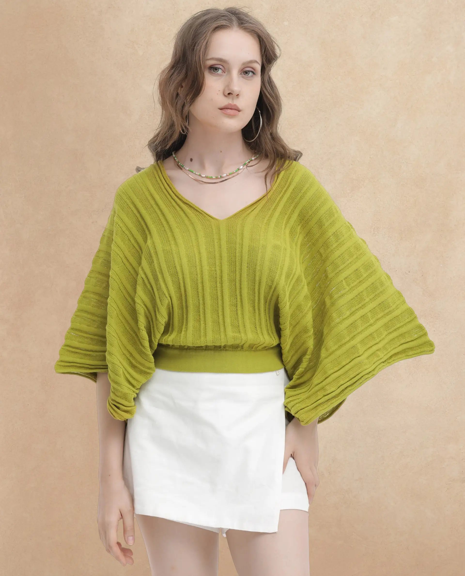 Rareism Women Marida Olive Cotton Fabric Short Sleeves V-Neck Extended Sleeve Relaxed Fit Plain Top