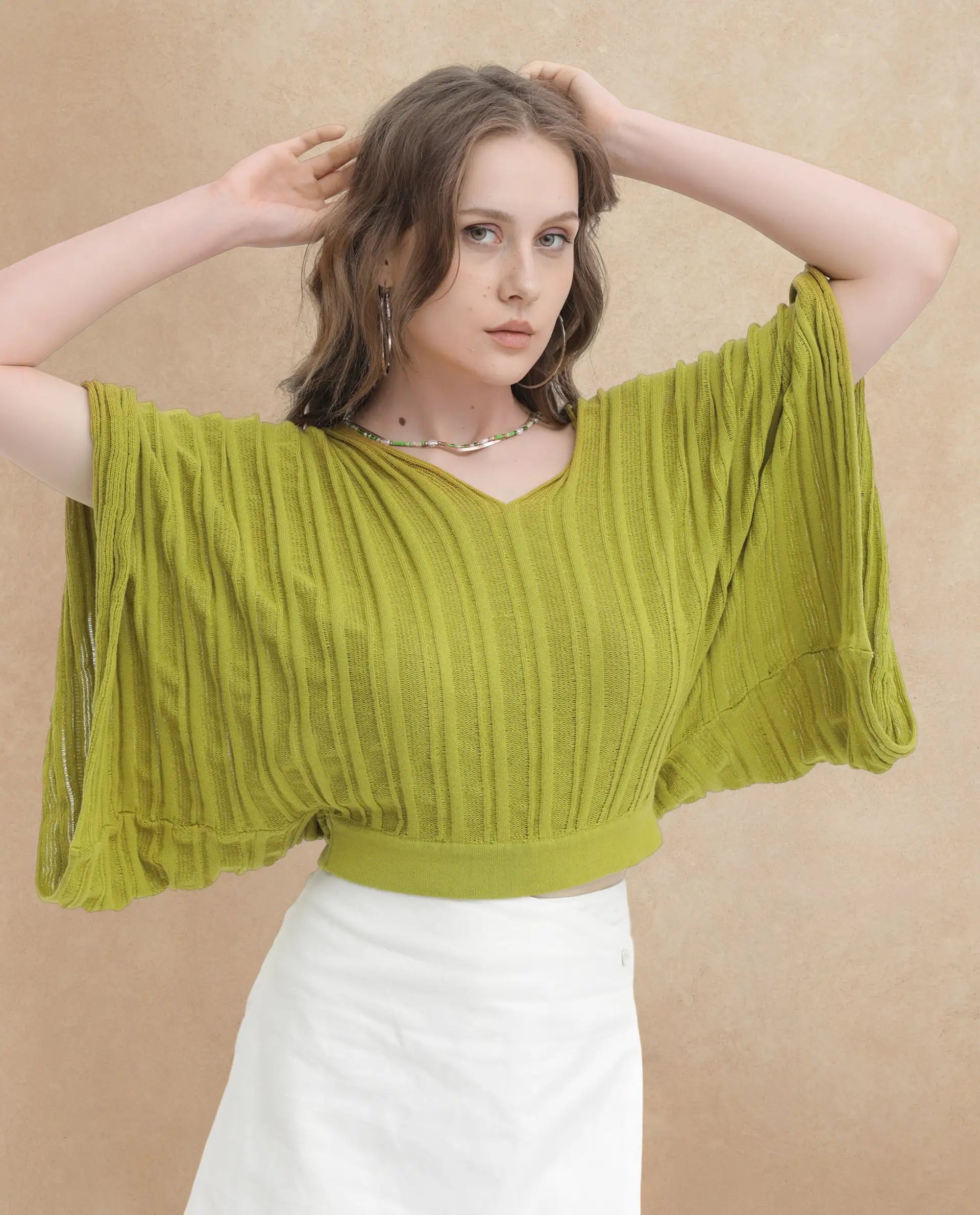 Rareism Women Marida Olive Cotton Fabric Short Sleeves V-Neck Extended Sleeve Relaxed Fit Plain Top