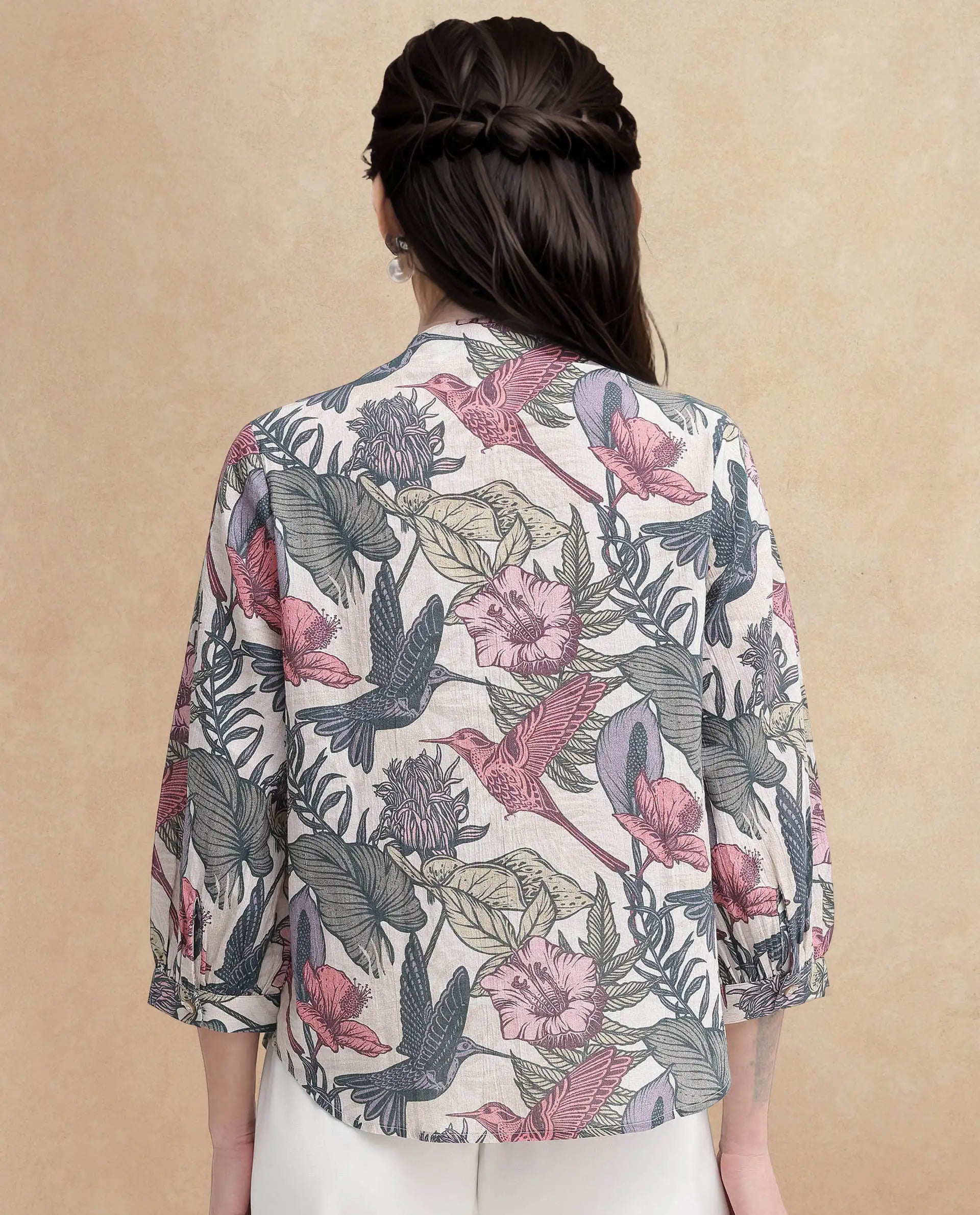 Rareism Women Marlia Multi Balloon Sleeve V-Neck Tie Up Tropical Print Top