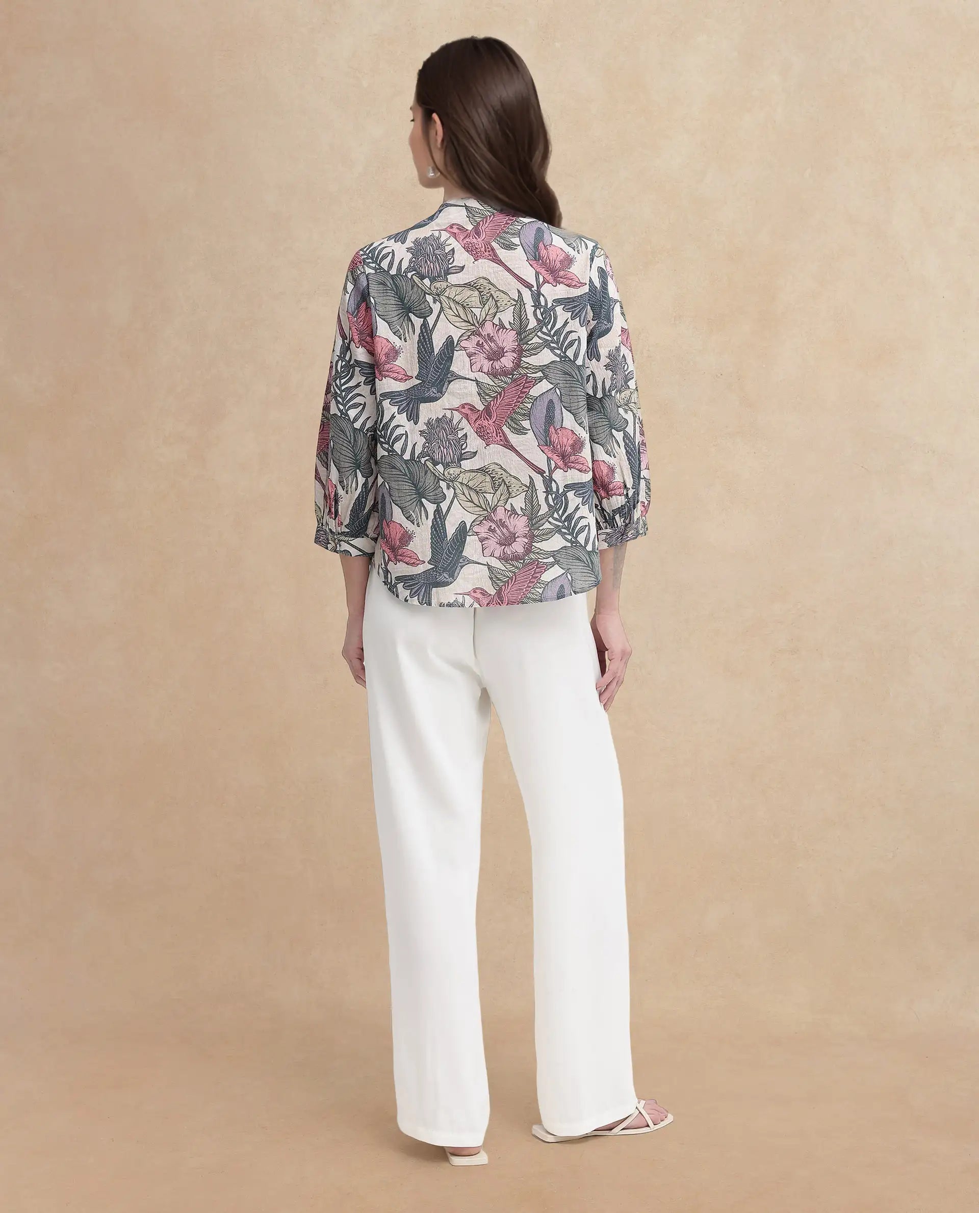 Rareism Women Marlia Multi Balloon Sleeve V-Neck Tie Up Tropical Print Top