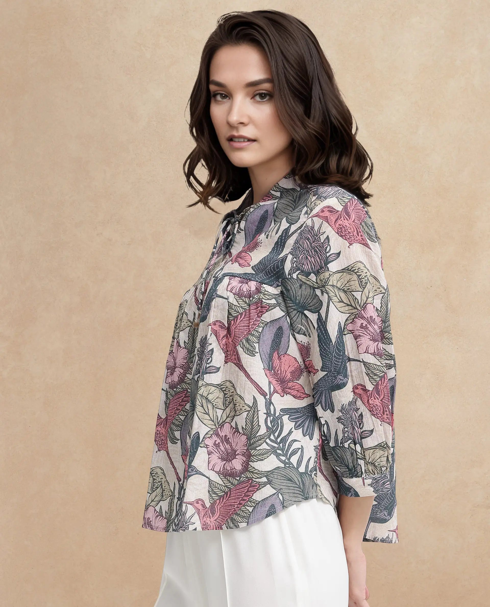 Rareism Women Marlia Multi Balloon Sleeve V-Neck Tie Up Tropical Print Top