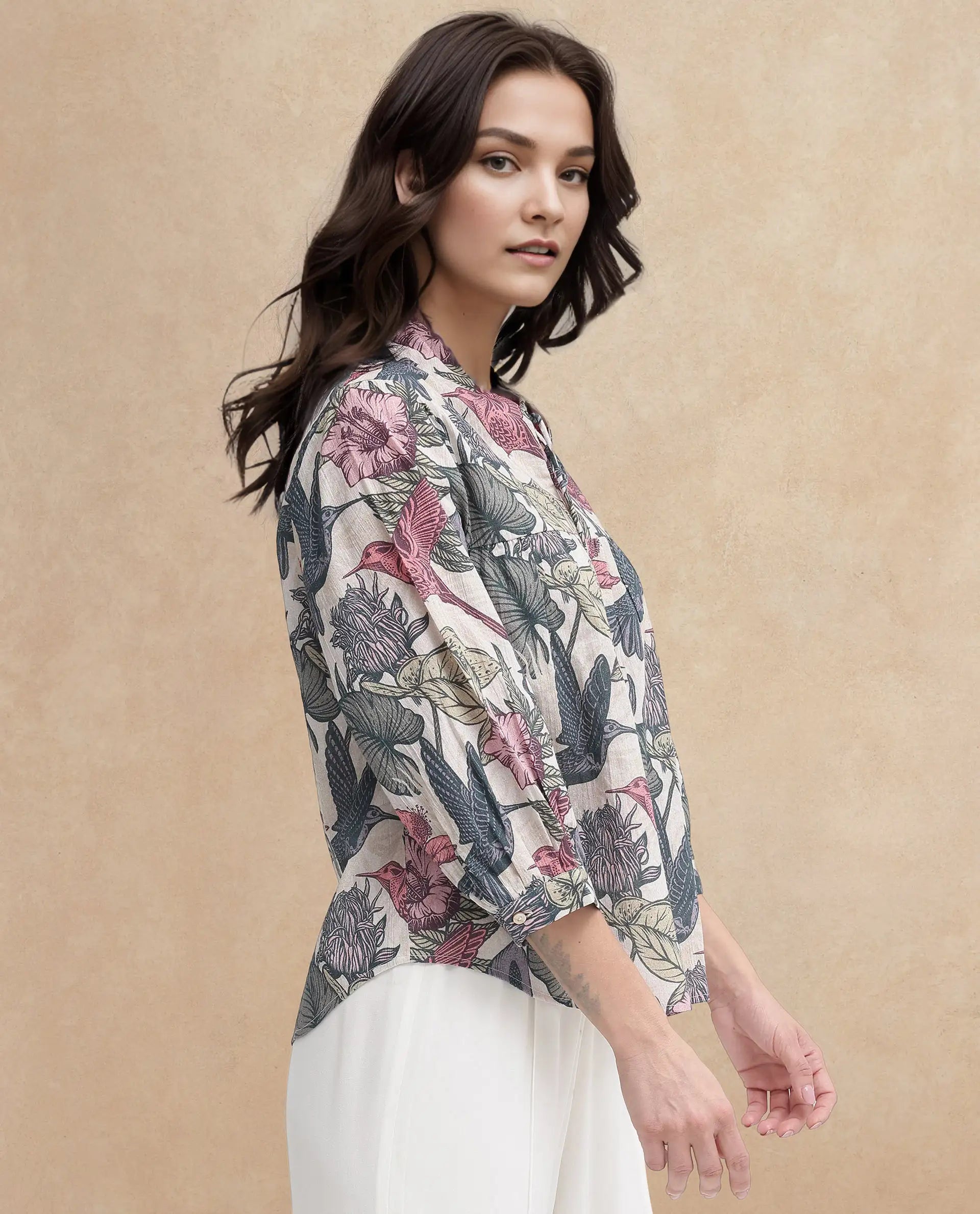 Rareism Women Marlia Multi Balloon Sleeve V-Neck Tie Up Tropical Print Top