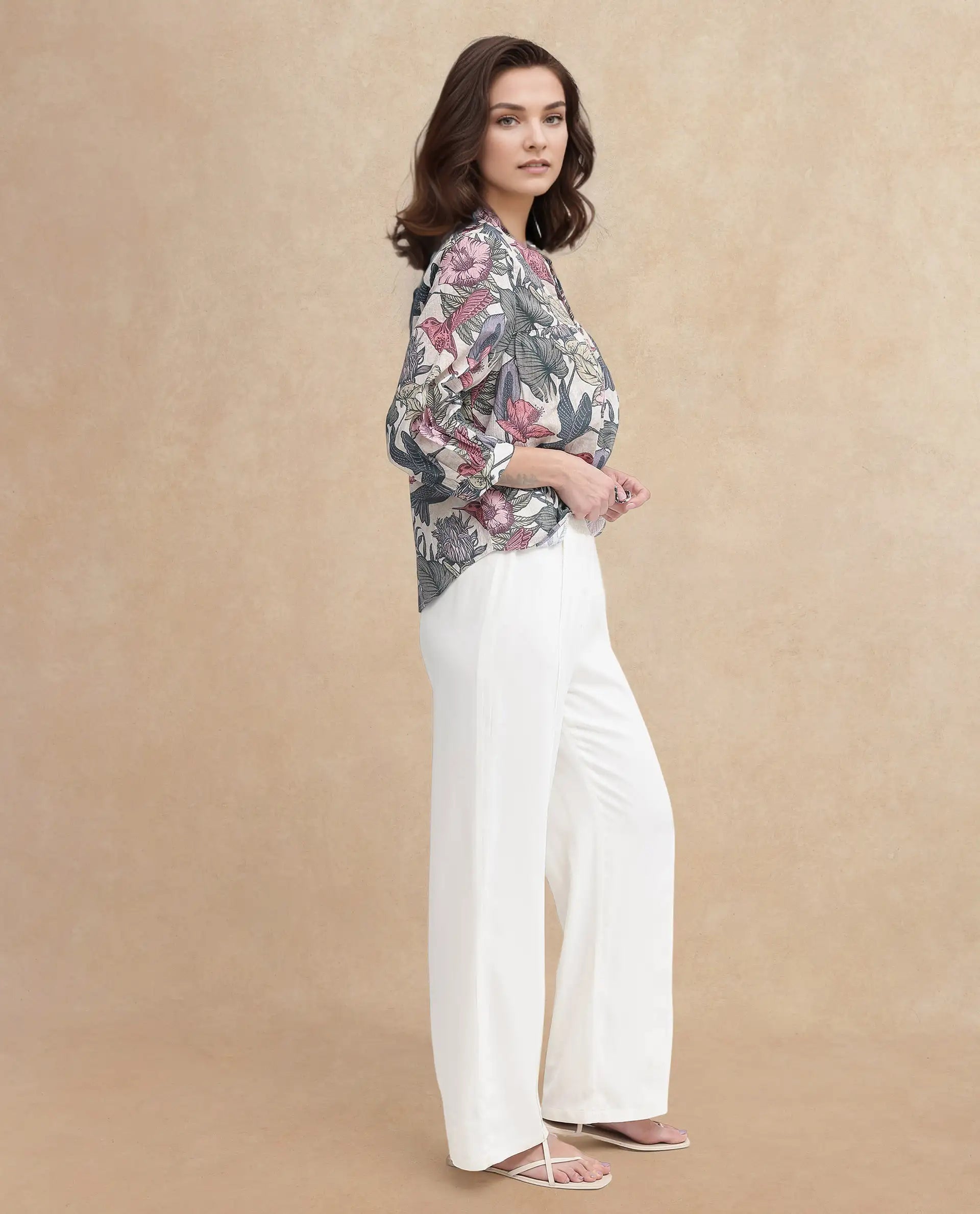 Rareism Women Marlia Multi Balloon Sleeve V-Neck Tie Up Tropical Print Top