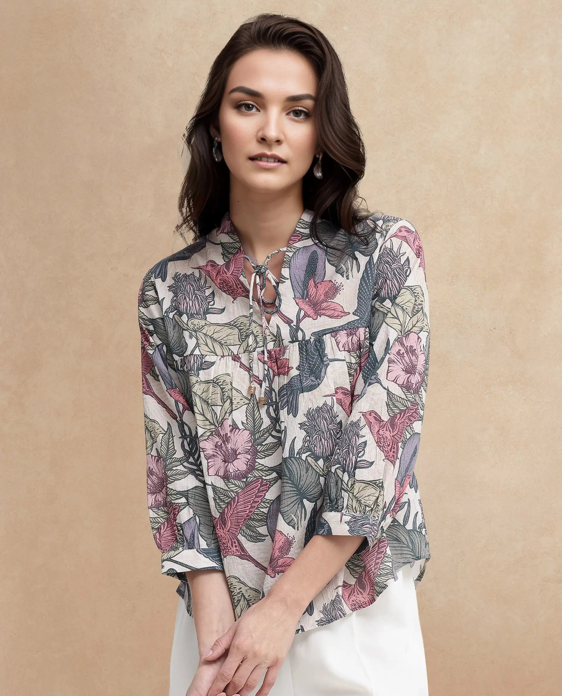 Rareism Women Marlia Multi Balloon Sleeve V-Neck Tie Up Tropical Print Top