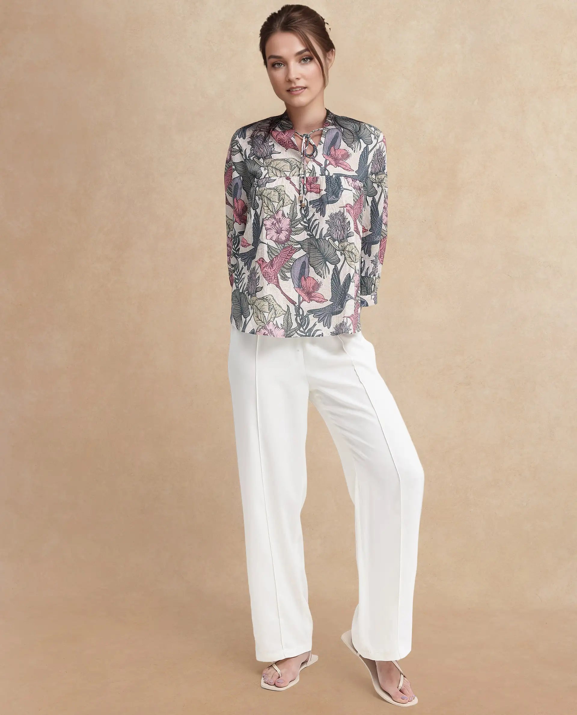 Rareism Women Marlia Multi Balloon Sleeve V-Neck Tie Up Tropical Print Top