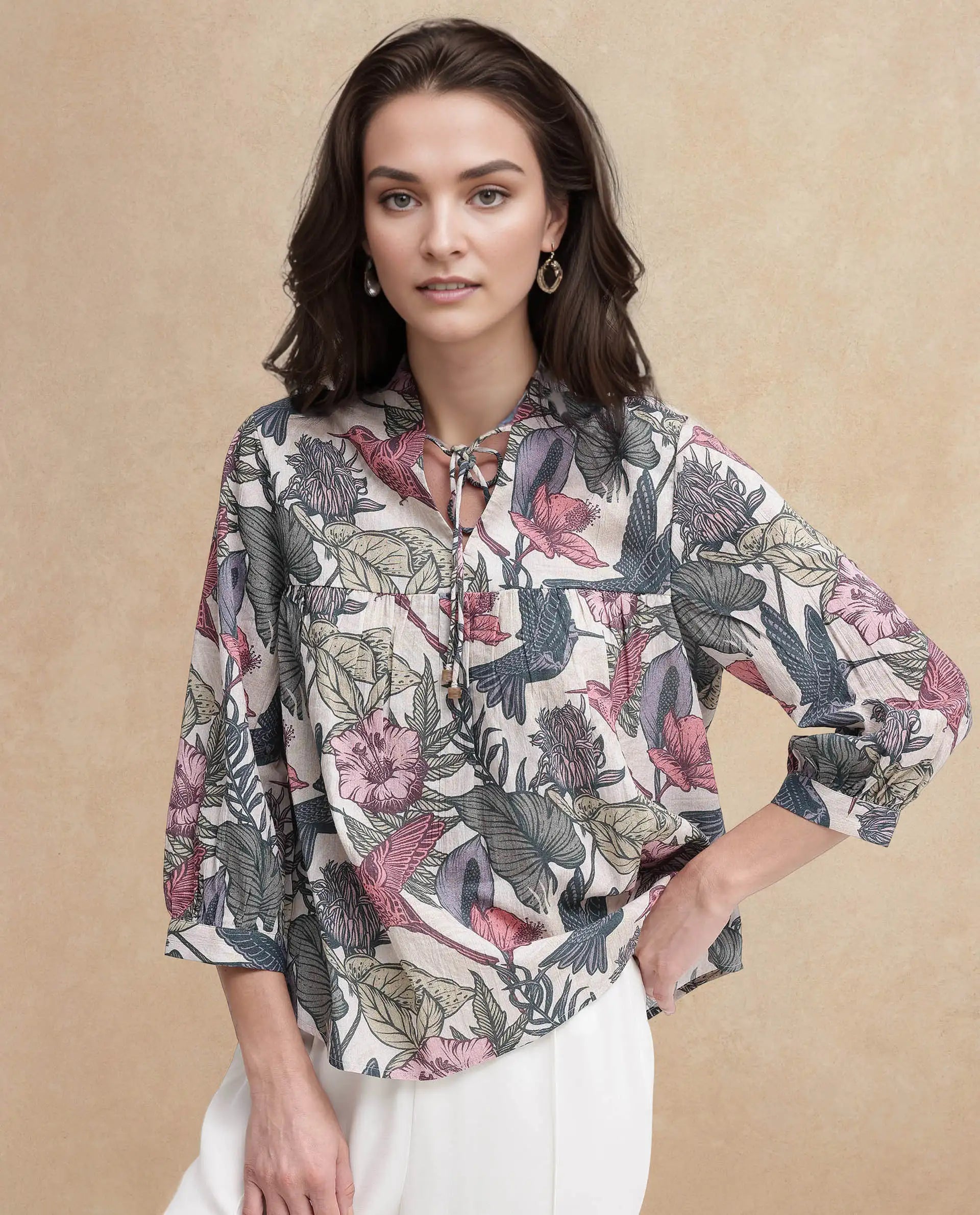 Rareism Women Marlia Multi Balloon Sleeve V-Neck Tie Up Tropical Print Top