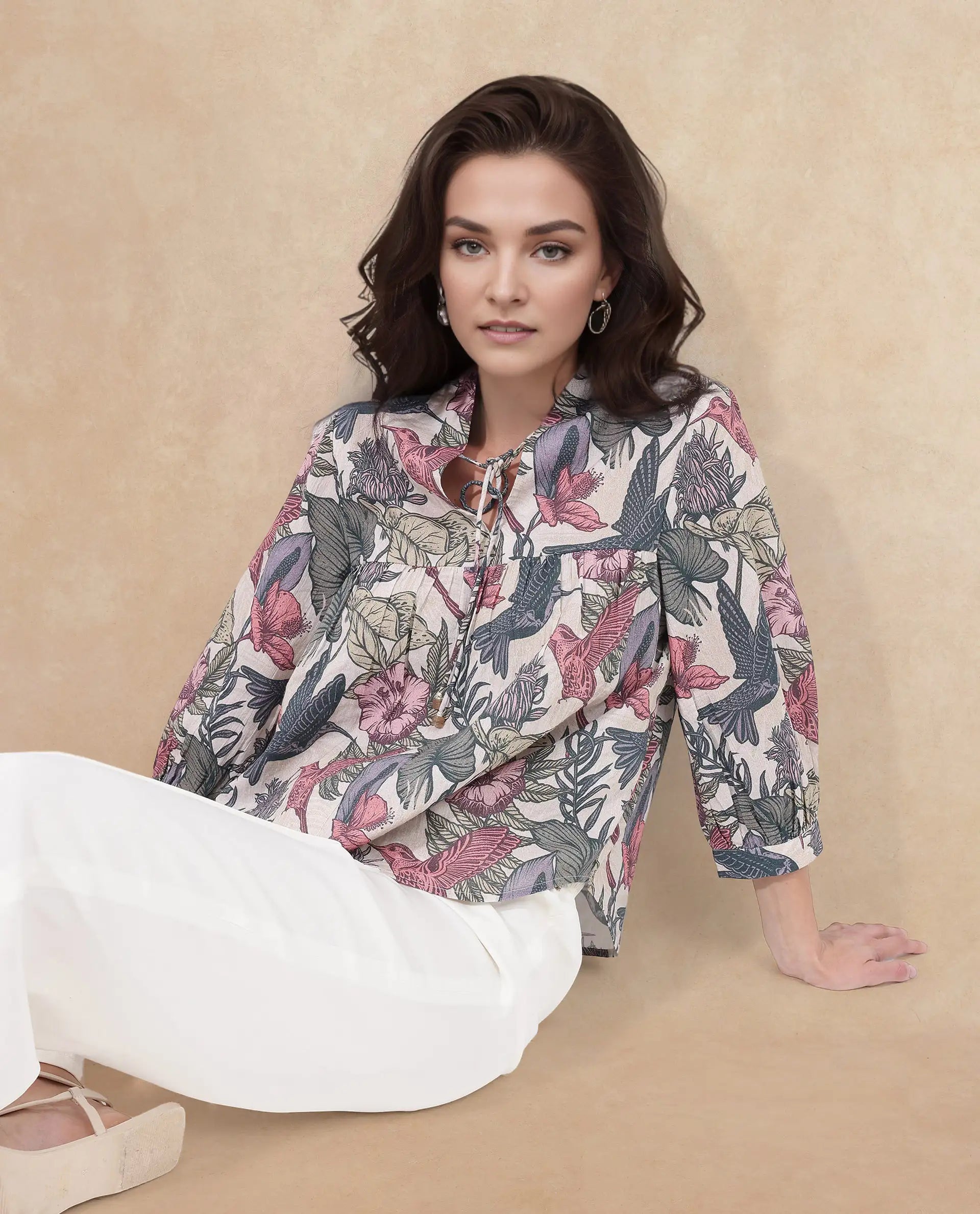 Rareism Women Marlia Multi Balloon Sleeve V-Neck Tie Up Tropical Print Top