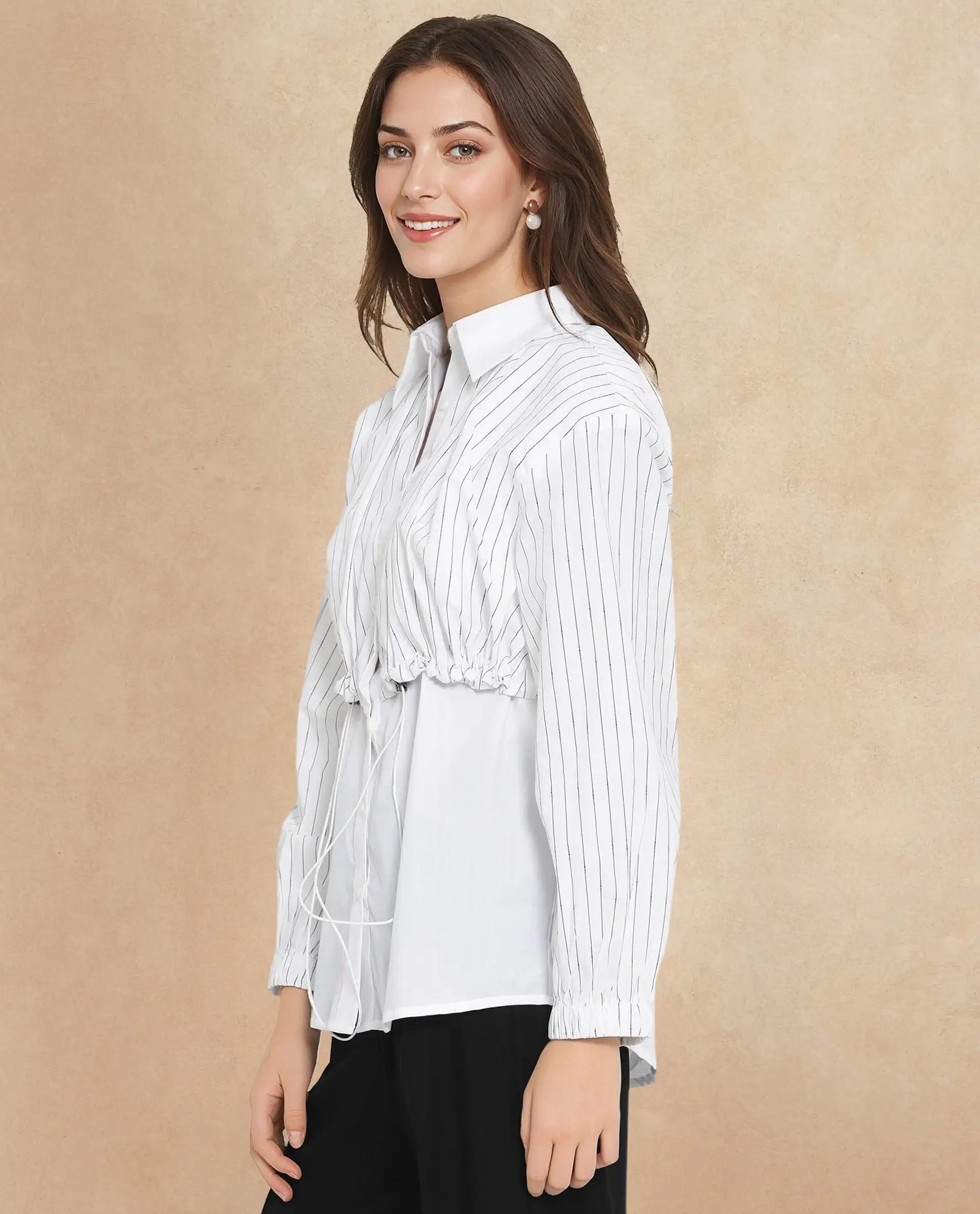 Rareism Women Mashed White Cuffed Sleeve Regular Collar Relaxed Fit Plain Top