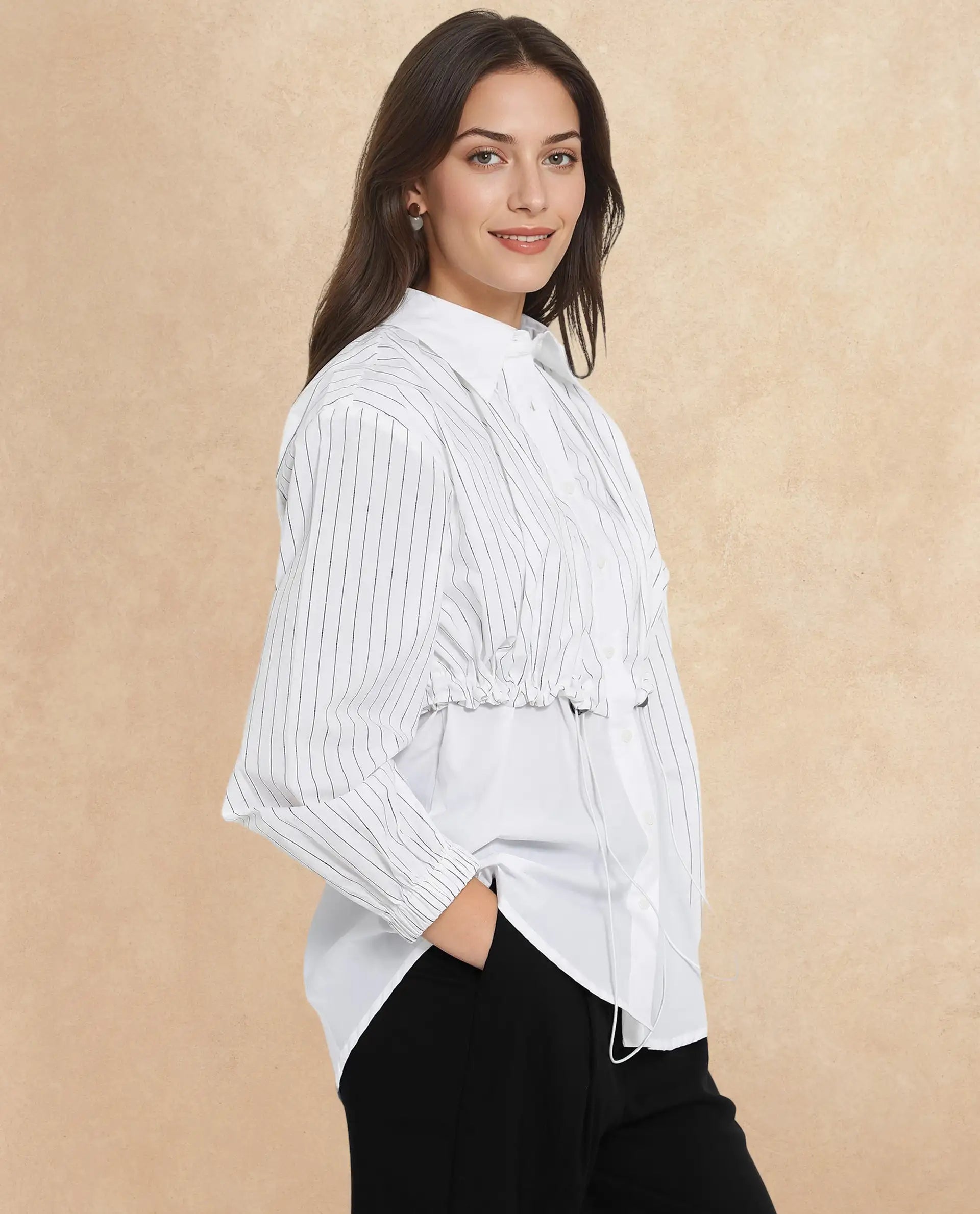 Rareism Women Mashed White Cuffed Sleeve Regular Collar Relaxed Fit Plain Top