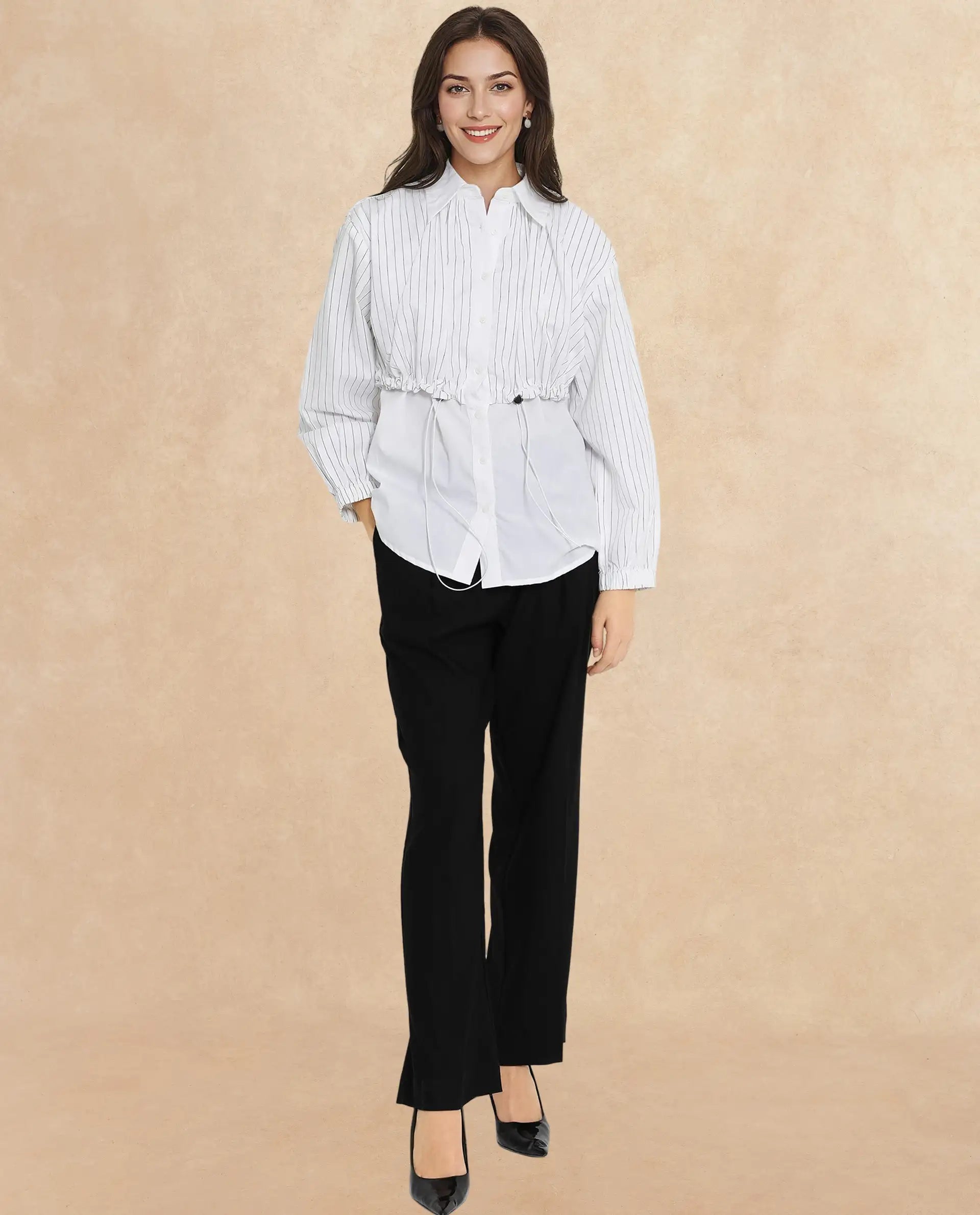 Rareism Women Mashed White Cuffed Sleeve Regular Collar Relaxed Fit Plain Top