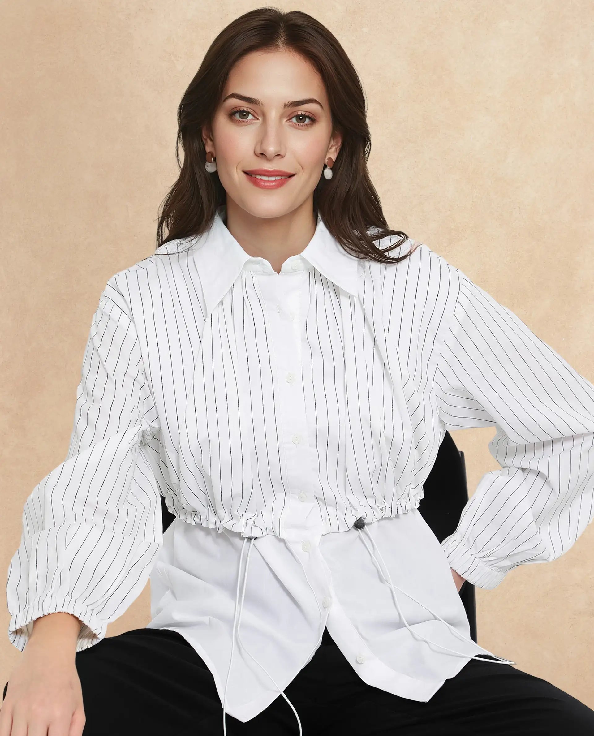 Rareism Women Mashed White Cuffed Sleeve Regular Collar Relaxed Fit Plain Top