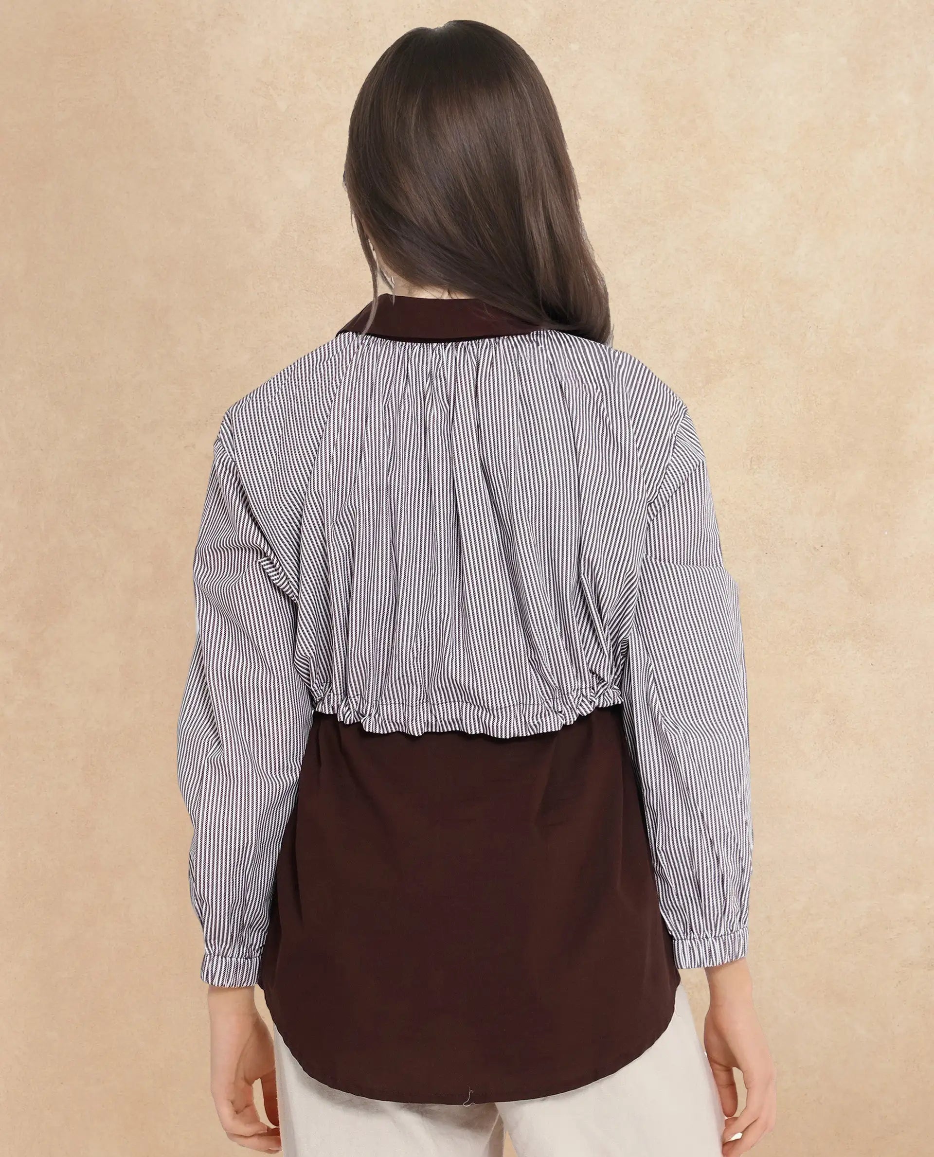 Rareism Women Masher Brown Cuffed Sleeve Regular Collar Relaxed Fit Plain Top