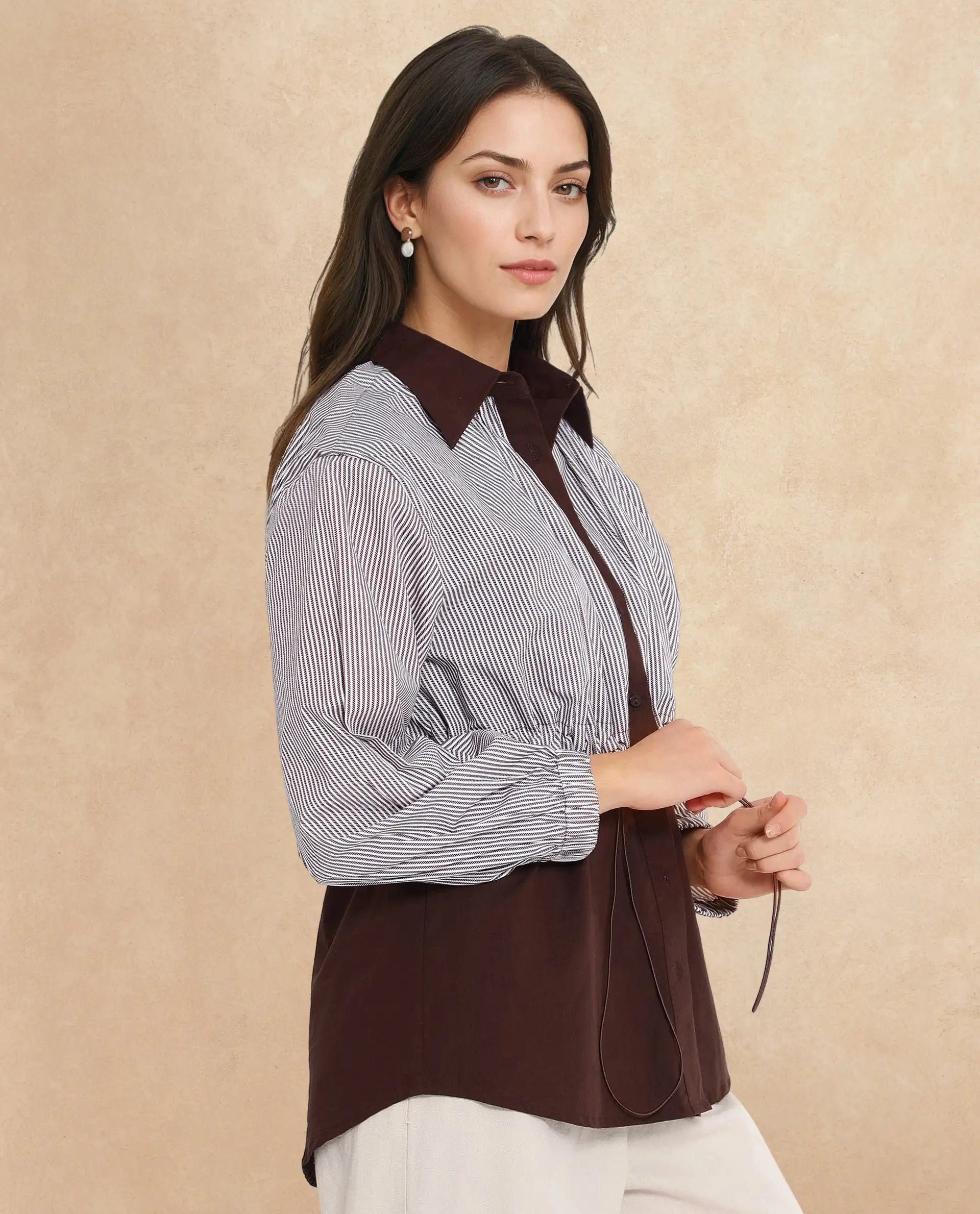 Rareism Women Masher Brown Cuffed Sleeve Regular Collar Relaxed Fit Plain Top