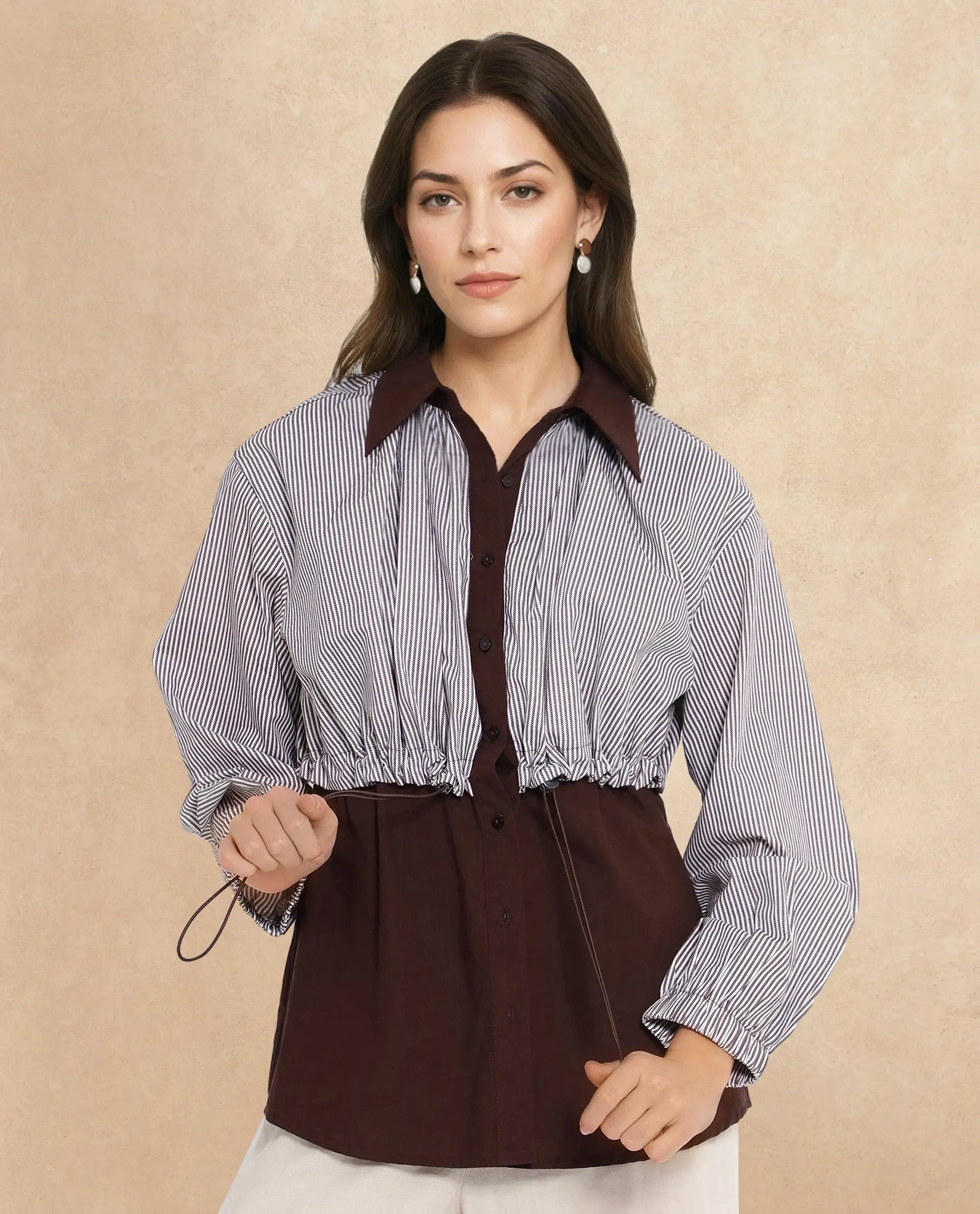 Rareism Women Masher Brown Cuffed Sleeve Regular Collar Relaxed Fit Plain Top