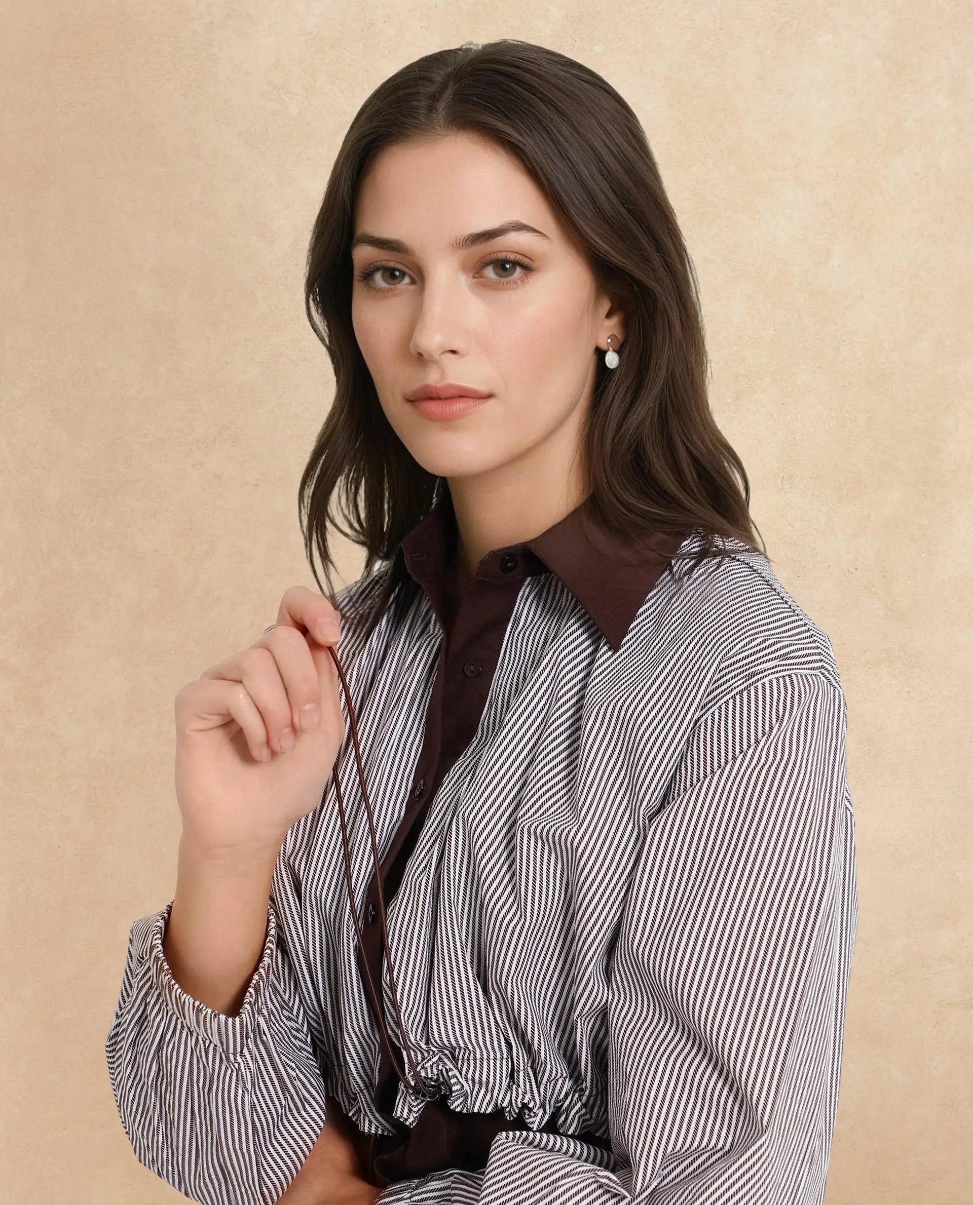 Rareism Women Masher Brown Cuffed Sleeve Regular Collar Relaxed Fit Plain Top