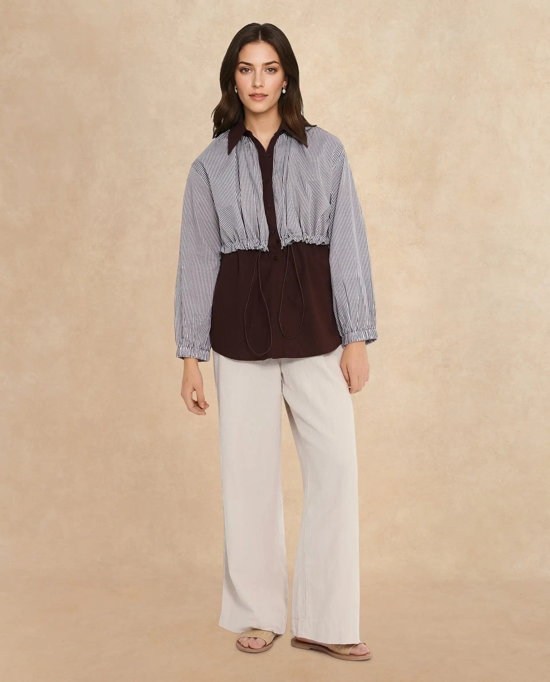 Rareism Women Masher Brown Cuffed Sleeve Regular Collar Relaxed Fit Plain Top