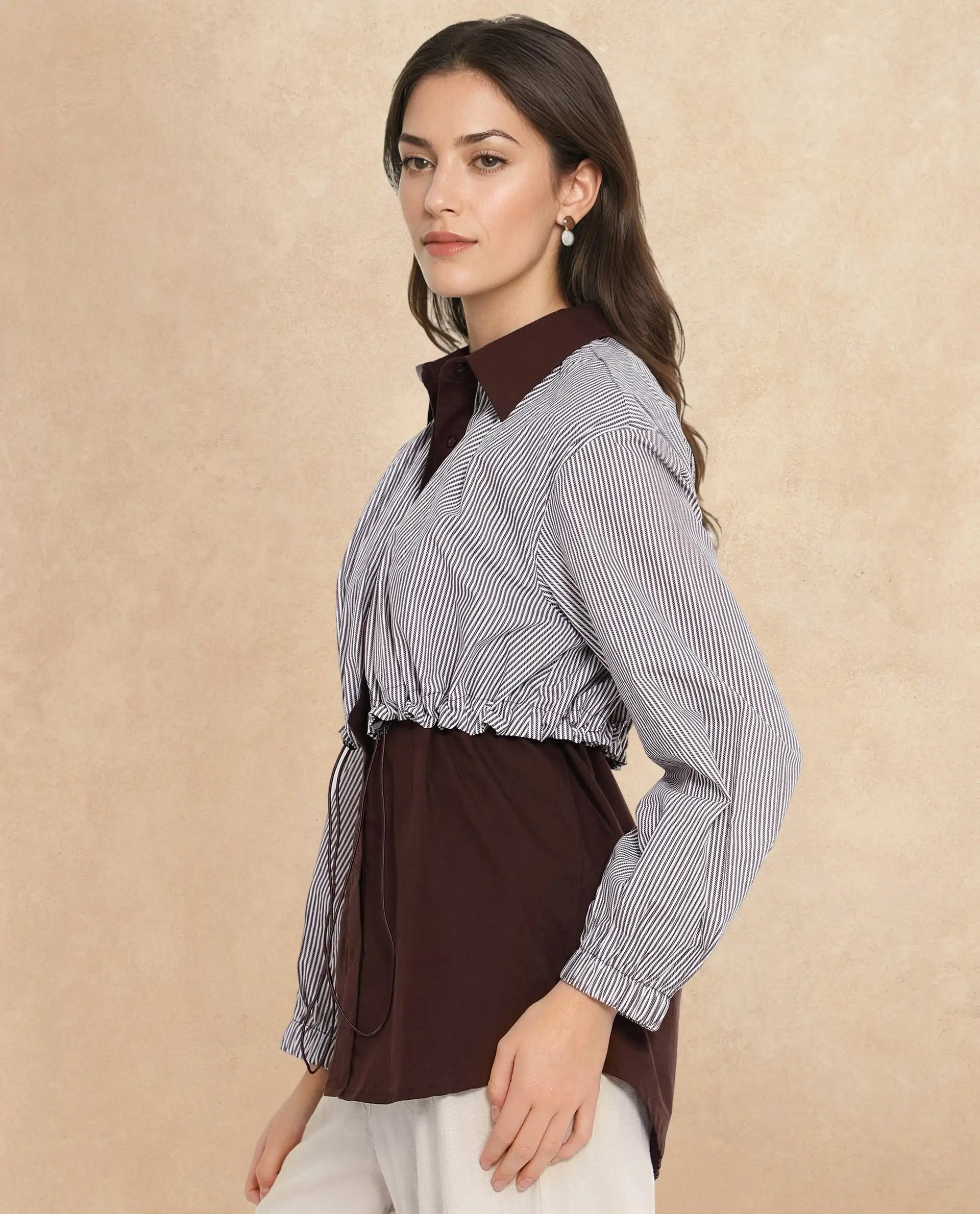 Rareism Women Masher Brown Cuffed Sleeve Regular Collar Relaxed Fit Plain Top