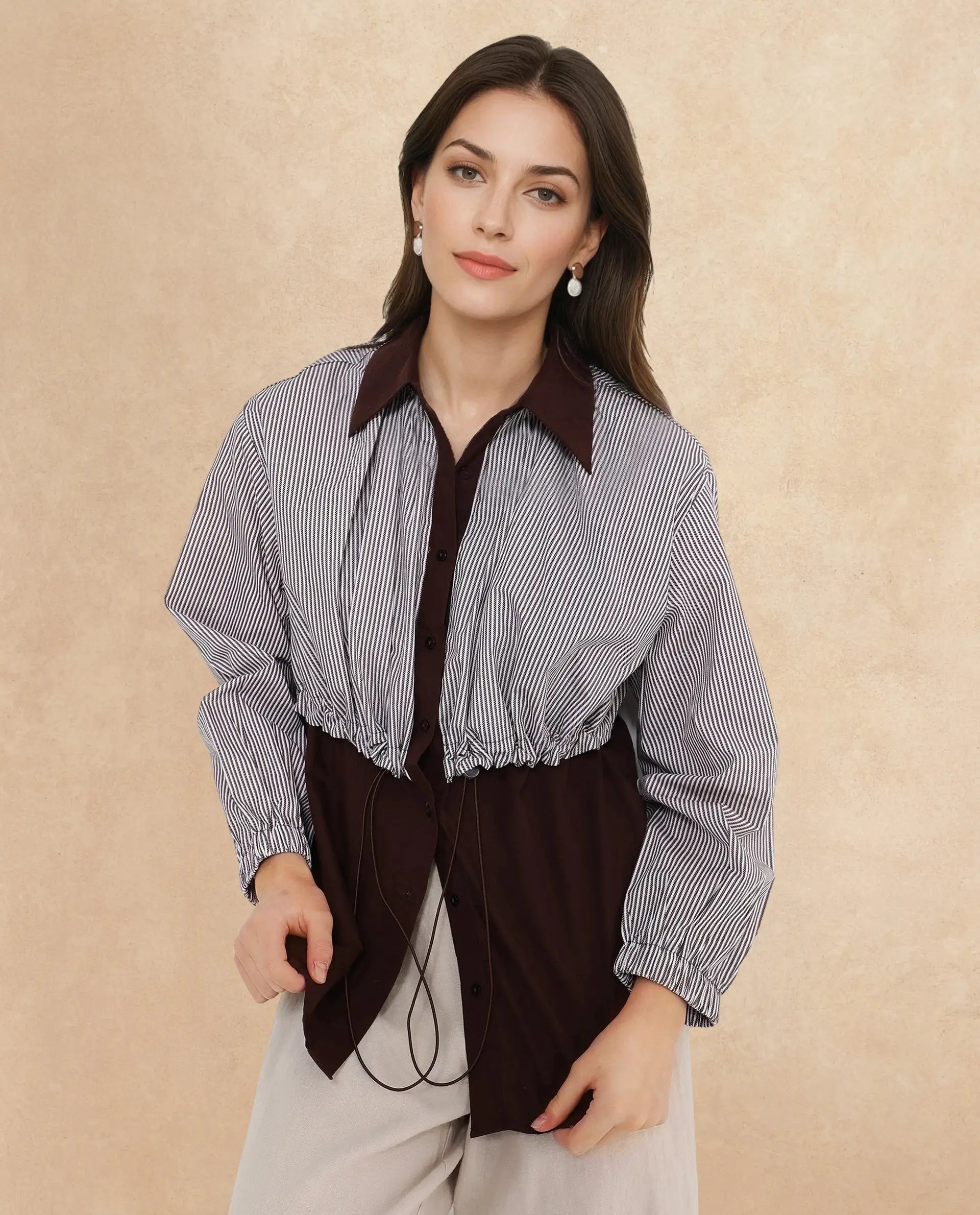 Rareism Women Masher Brown Cuffed Sleeve Regular Collar Relaxed Fit Plain Top