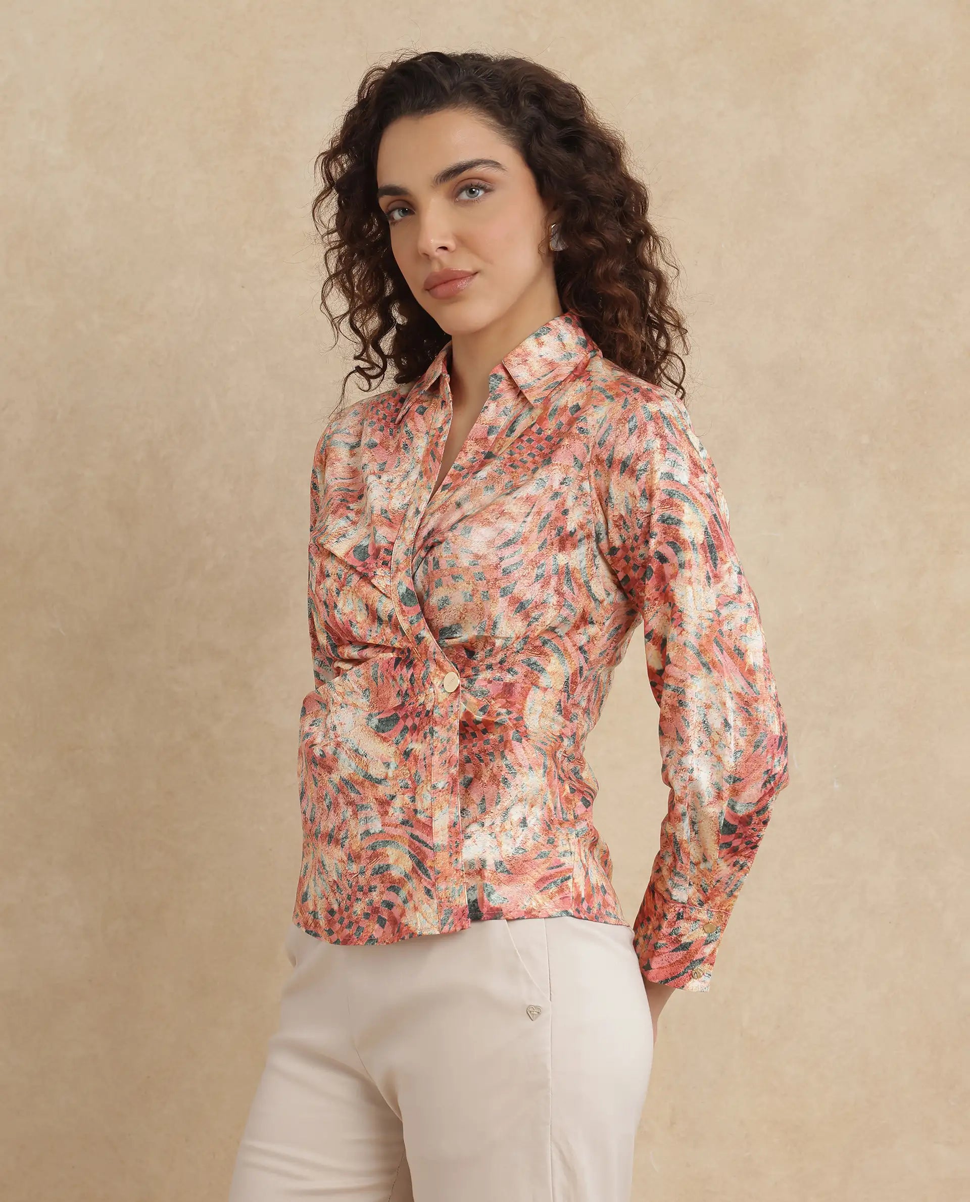 Rareism Women Matay Multi Johnny Collar Regular Fit Geometric Print Top