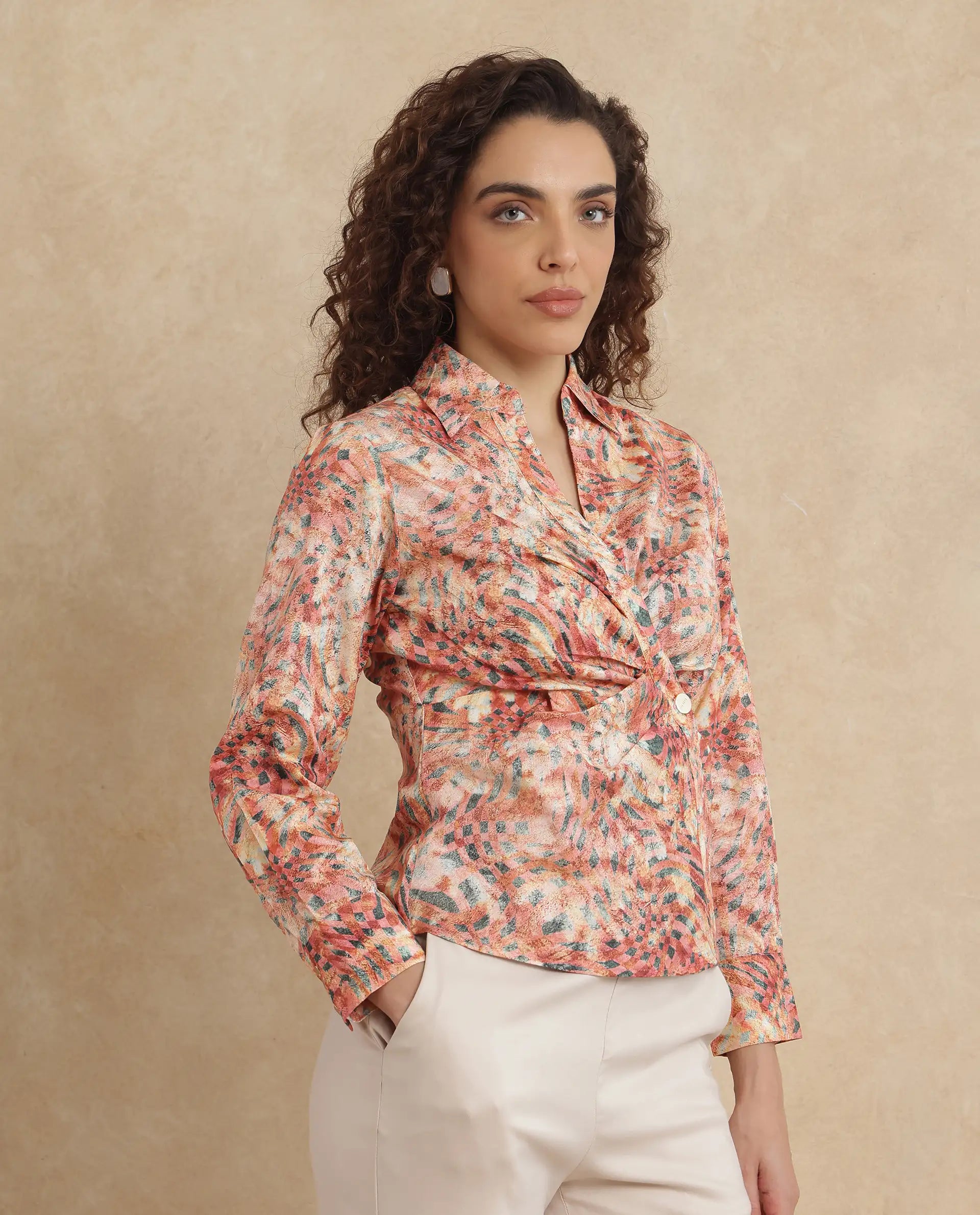 Rareism Women Matay Multi Johnny Collar Regular Fit Geometric Print Top