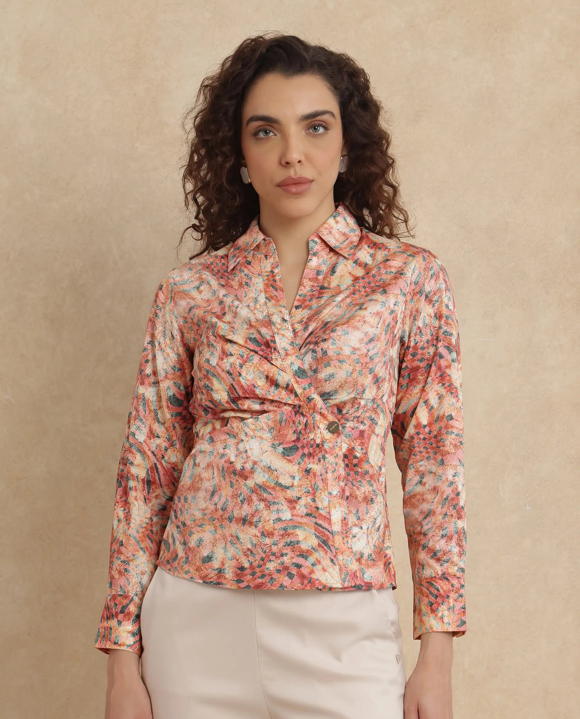 Rareism Women Matay Multi Johnny Collar Regular Fit Geometric Print Top