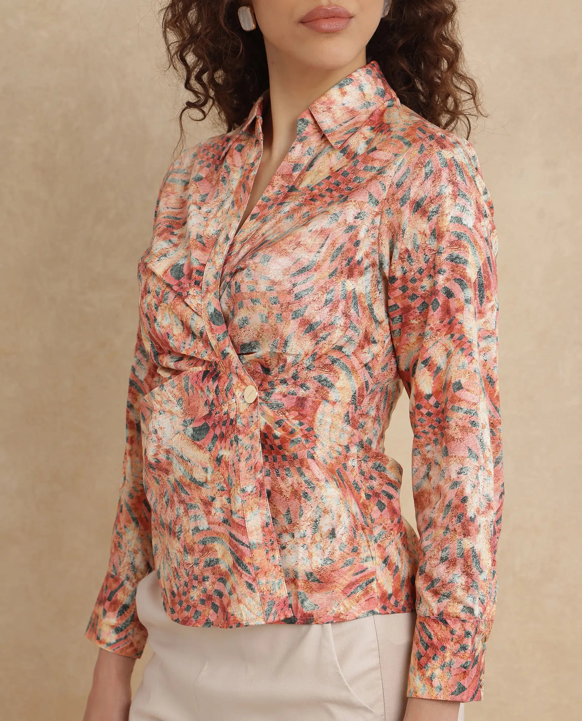 Rareism Women Matay Multi Johnny Collar Regular Fit Geometric Print Top