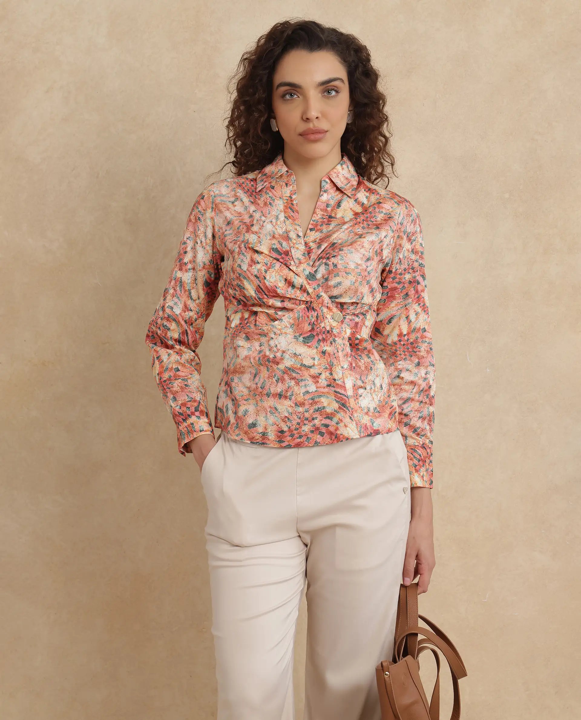 Rareism Women Matay Multi Johnny Collar Regular Fit Geometric Print Top