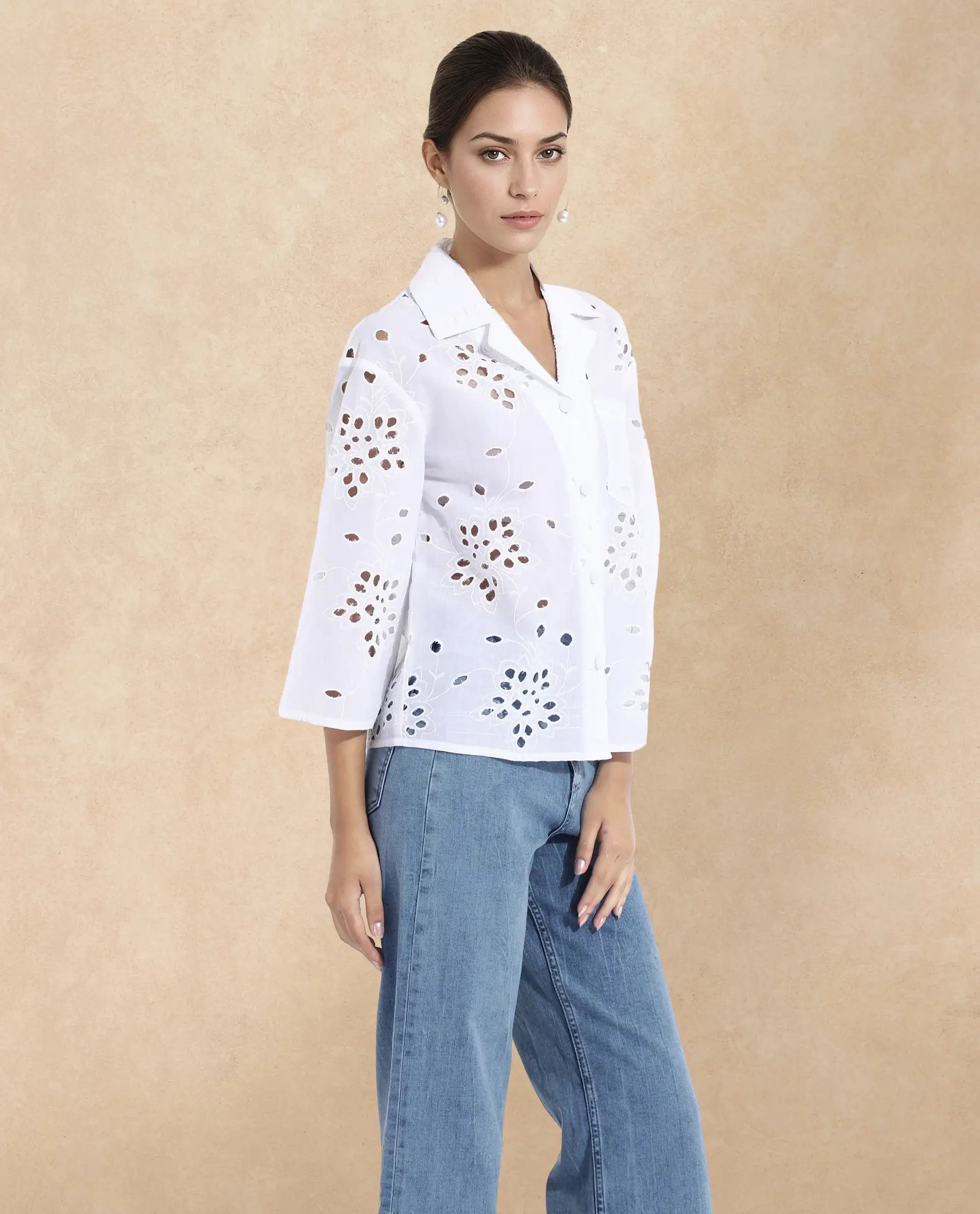 Rareism Women Matcha White 3/4Th Sleeve Collared Neck Button Closure Plain Top