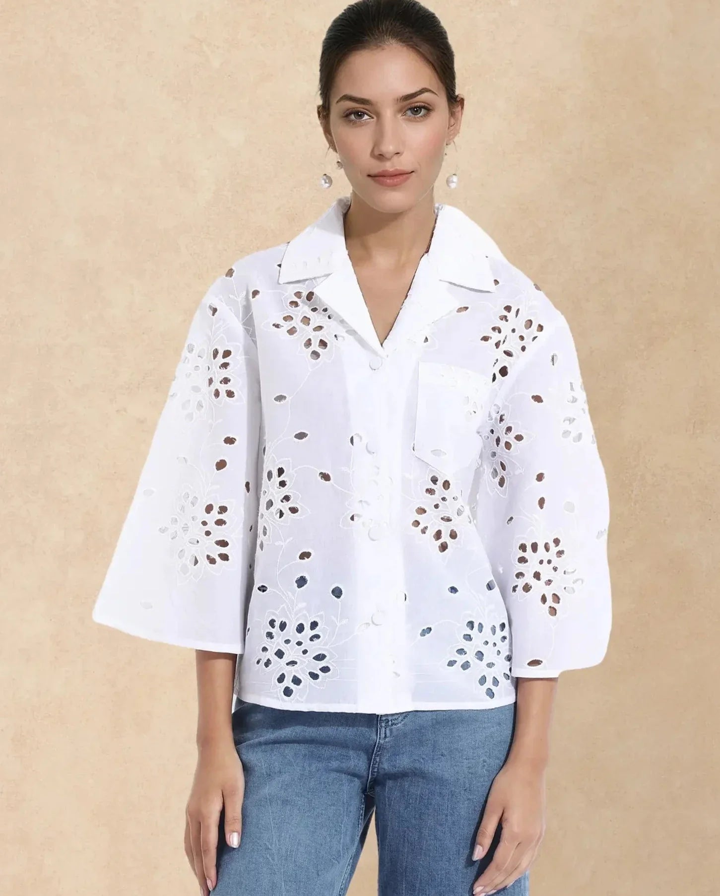 Rareism Women Matcha White 3/4Th Sleeve Collared Neck Button Closure Plain Top