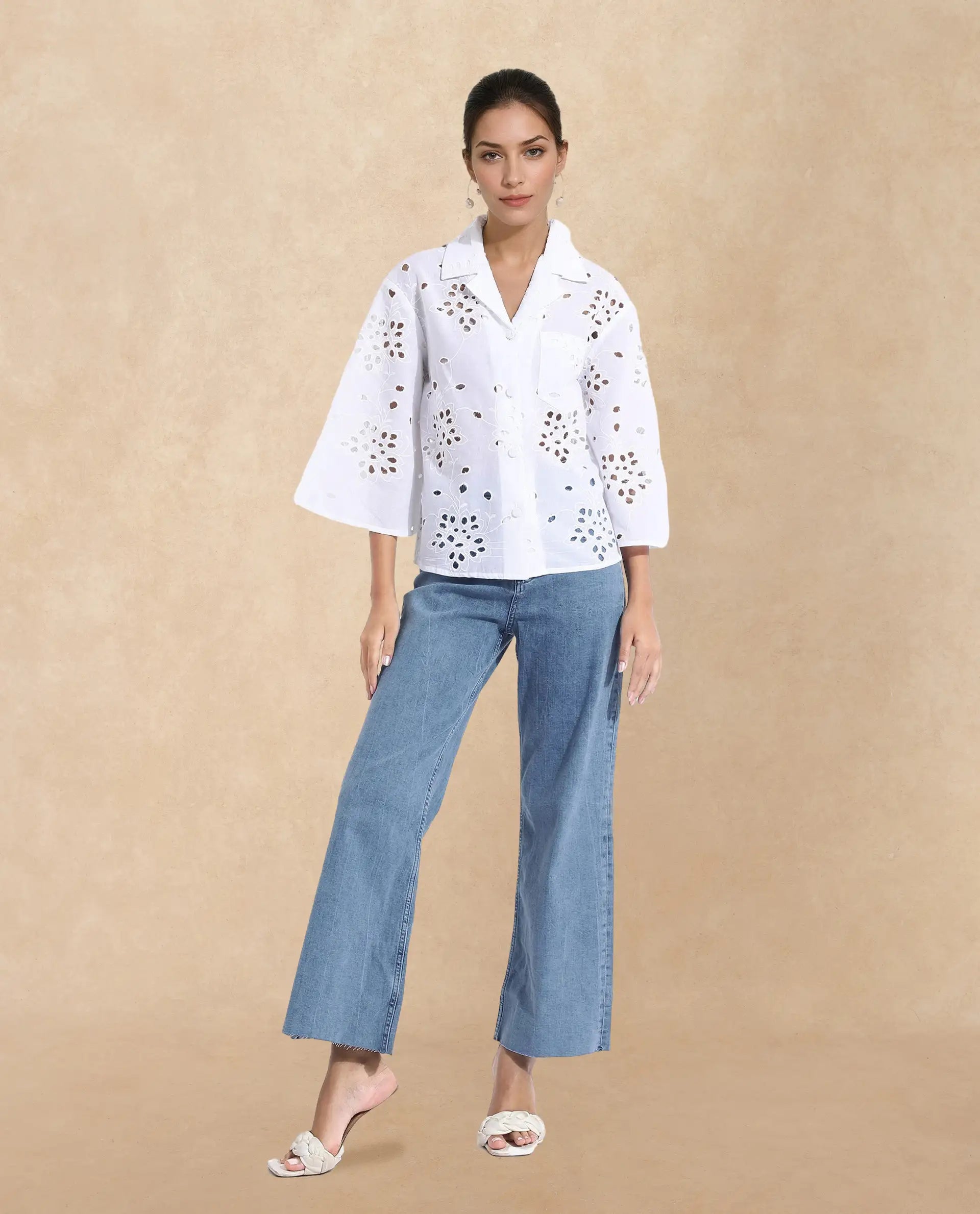 Rareism Women Matcha White 3/4Th Sleeve Collared Neck Button Closure Plain Top