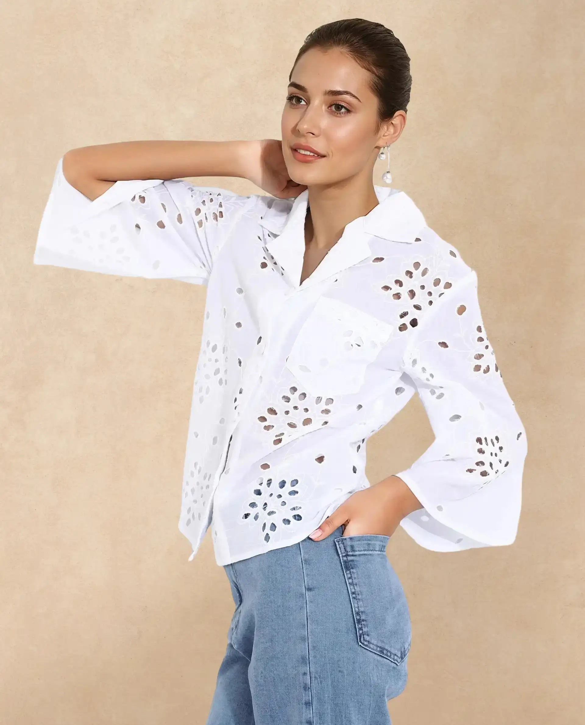 Rareism Women Matcha White 3/4Th Sleeve Collared Neck Button Closure Plain Top